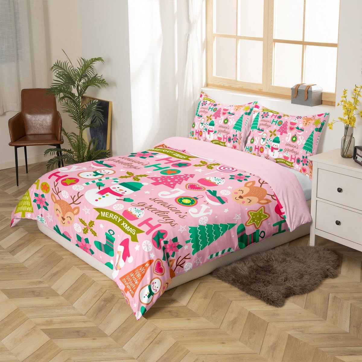 Feelyou Kids Pink Merry Christmas Bedding Set Toddler Merry Christmas Tree and Snowman Duvet Cover for Bedroom Decor Xmas Comforter Cover Set Snowflake Holiday Bedspread Cover with 1 Pillow Case