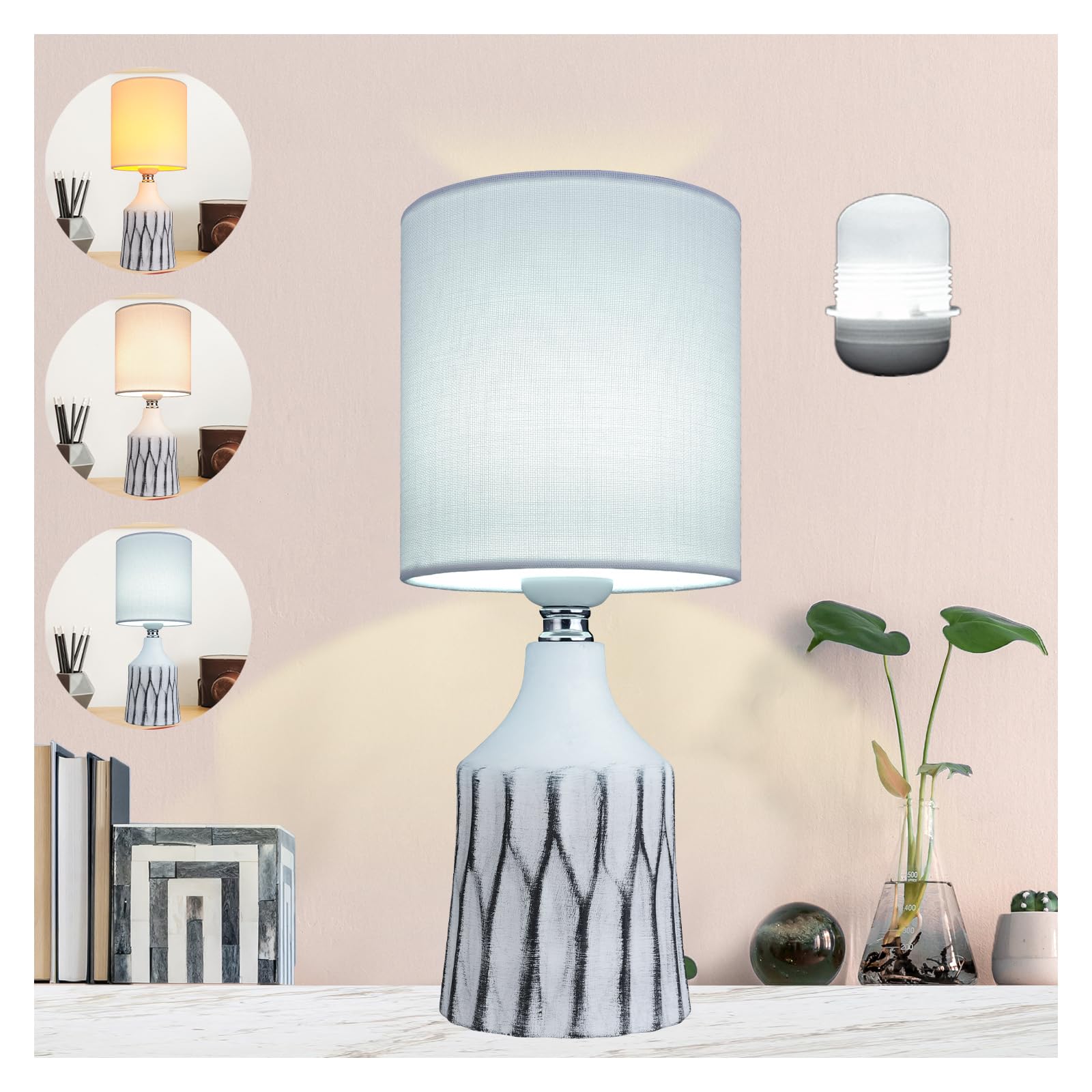 AIDENOEY Small Table Lamp for Bedroom -Bedside Desk Reading Lamps with 3 Way DimmableTouch Control,Nightstand Ceramic Lamp with Fabric Shade for Kids Room,Living Room,Dorm,Home Office(Black+White)