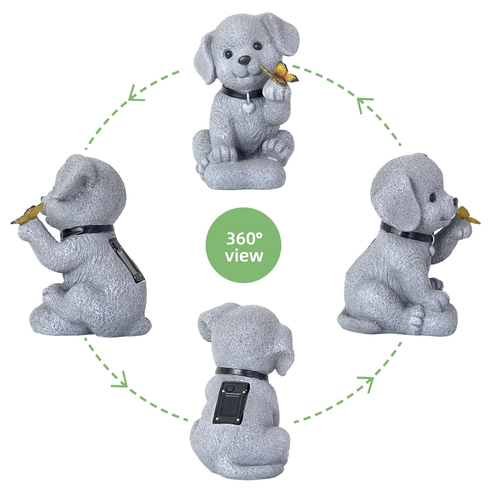 Statue da giardino solare, cane con farfalla, decorazione esterna resistente alle intemperie, regalo per compleanno