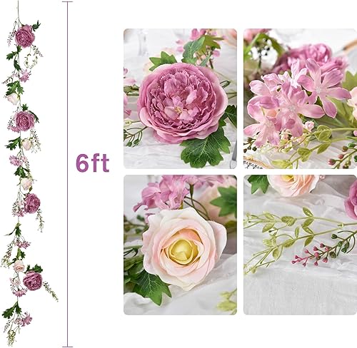 Miniatura 9 de Lvydec Paquete de 2 guirnaldas artificiales de peonía  Guirnalda de flores rosas de peonía de seda de 6 pies para decoración de mesa de boda y