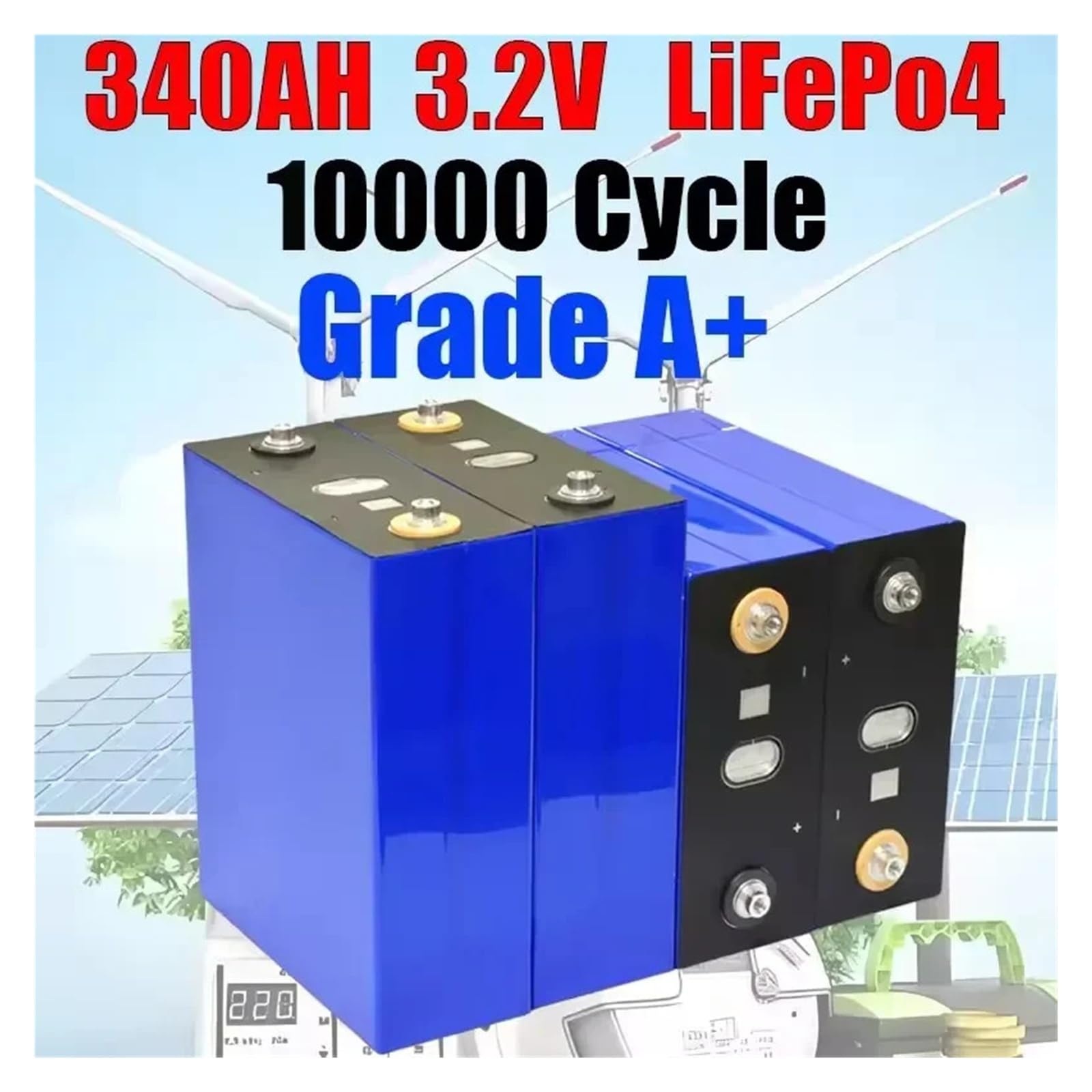 Batteria ricaricabile LiFePO4 da 3,2 V, 340 Ah, 10.000 cicli, adatta for sistemi di energia solare fai da te for roulotte e imbarcazioni da 12 V, 24 V e 48 V.(3.2V 340Ah 4pcs)