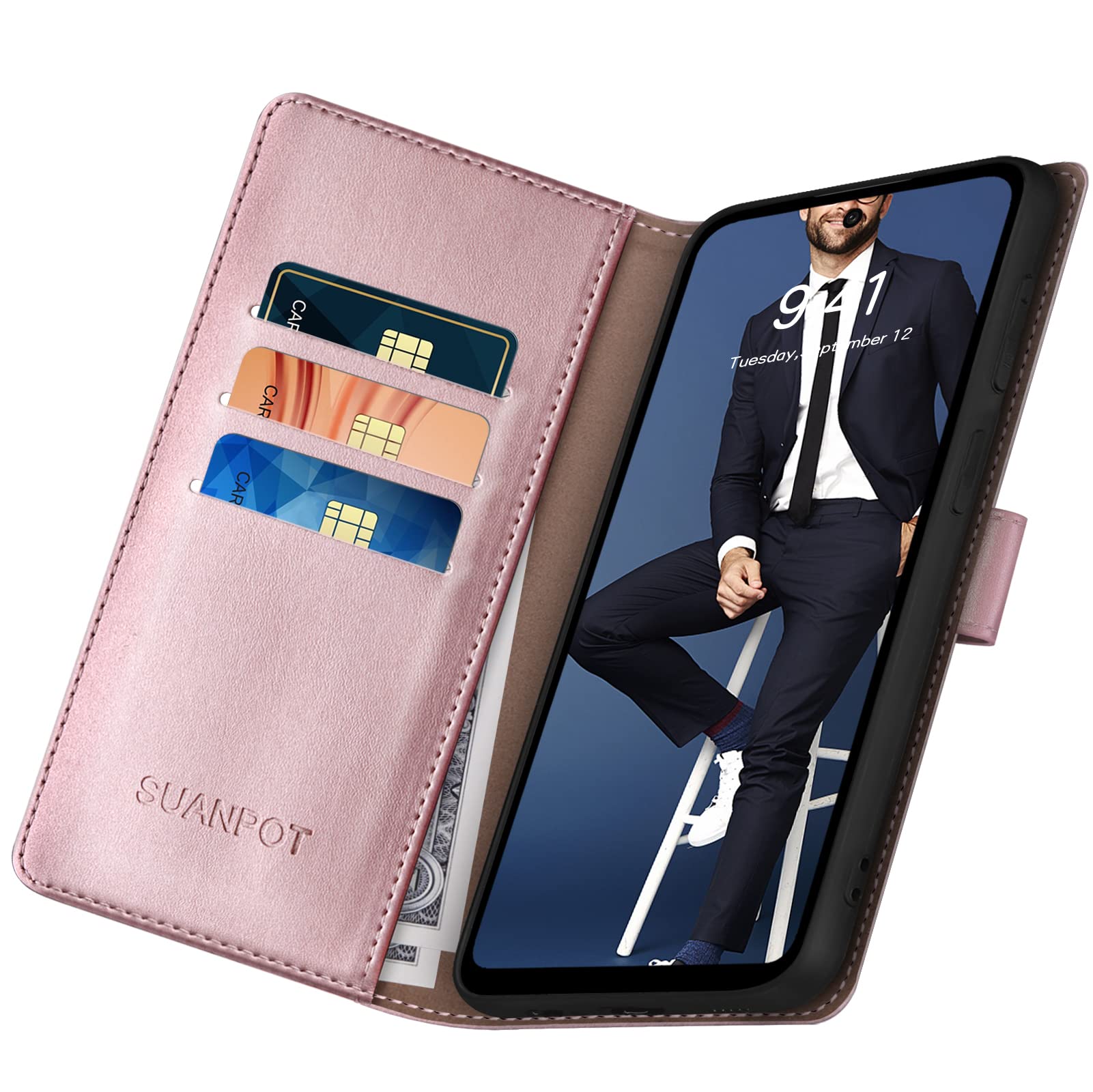 SUANPOT Cover Portafoglio Per Google Pixel 7 Pro Con Blocco RFID - Pelle PU, Slot Carte E Supporto Magnetico, Marrone Chiaro - 3