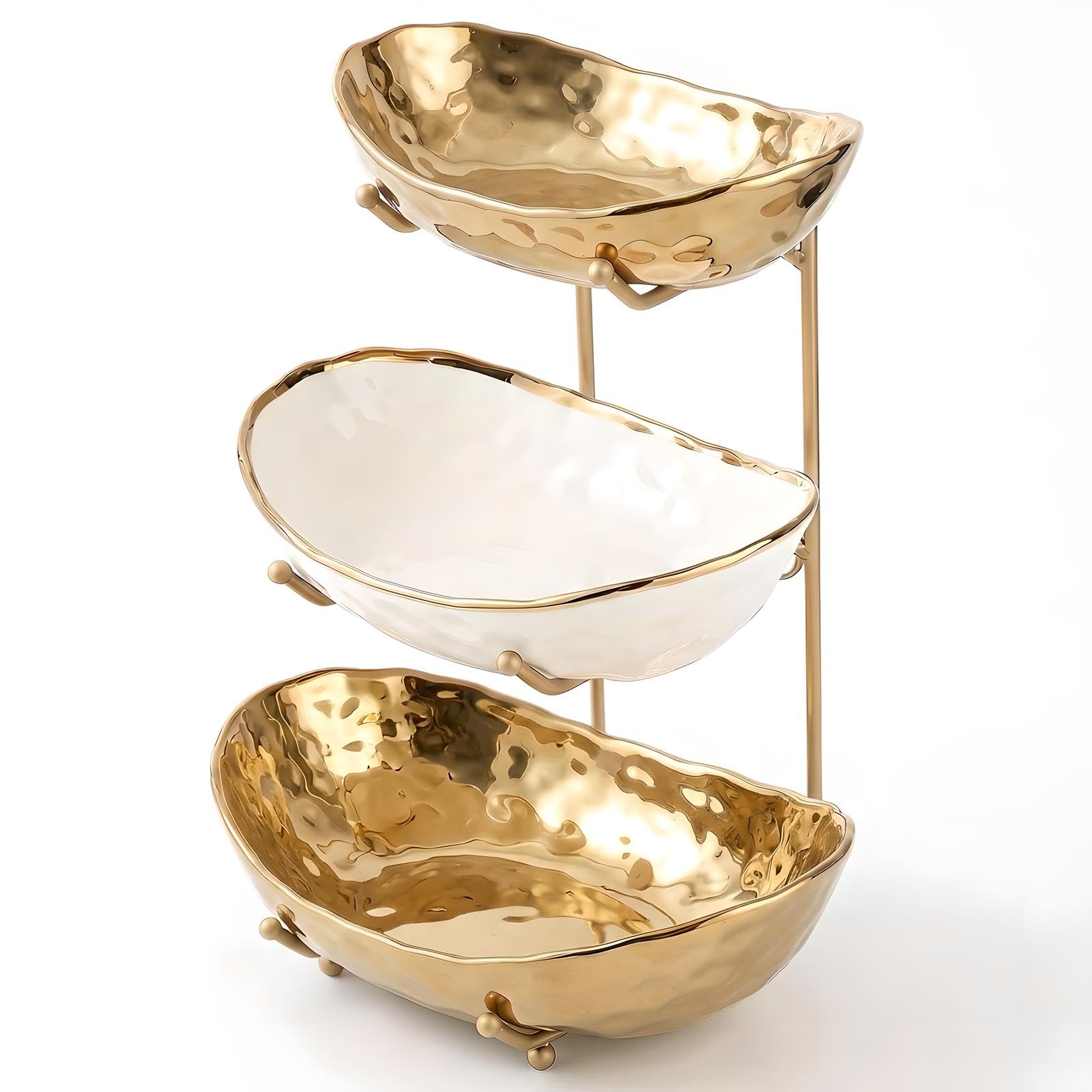 OUAYEMEL Ceramic Fruit Bowl with Metal Stand, 3 Tier Fruit Bowl for Home Party Kitchen Counter, Tiered Fruit Basket for Snacks Candy Bread Storage, White and Gold (Gold)