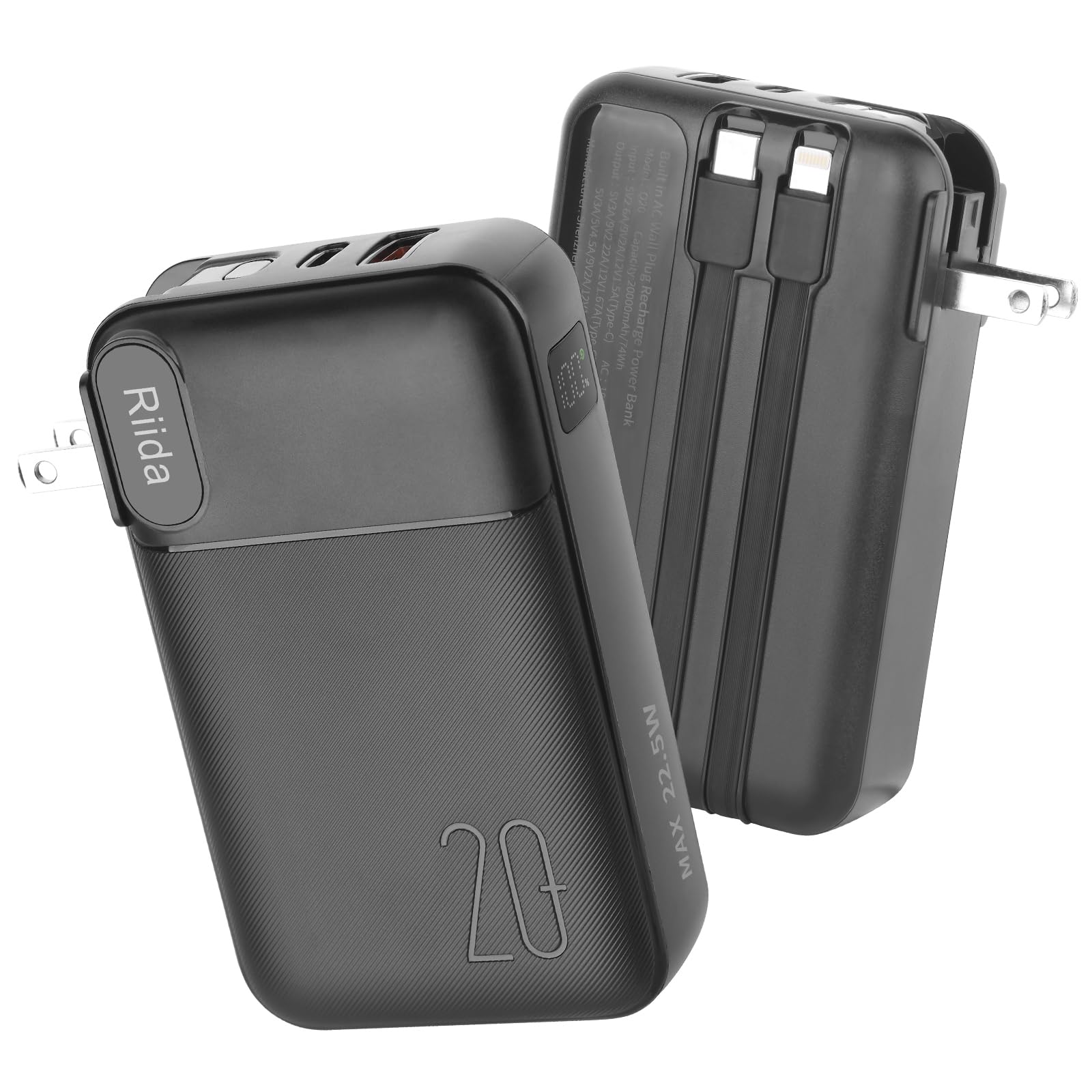 Portable Charger Built-in Cables and AC Wall Plug, USB C Power Bank 20000mAh, Travel Battery Portable Phone Charger 4 Outputs External Battery Pack for iPhone 16/15/14, Samsung Galaxy iPad, Black