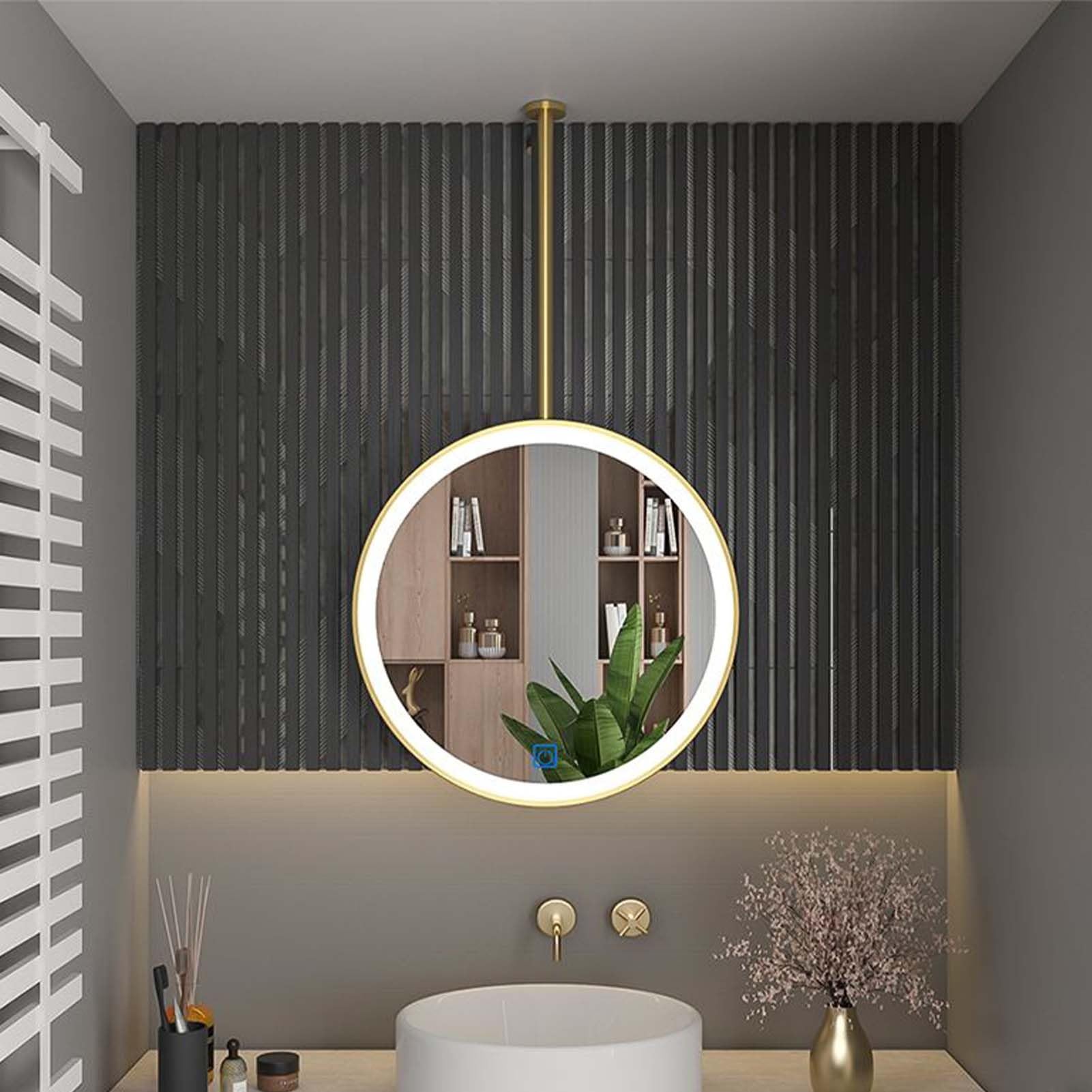 FGXHHS Round with LED Lights, Ceiling Hanging Mirrors for Wall Decoration Vanity/Makeup Bedroom Living Room Entryway(Gold,Diameter-50CM/19.7INCH)