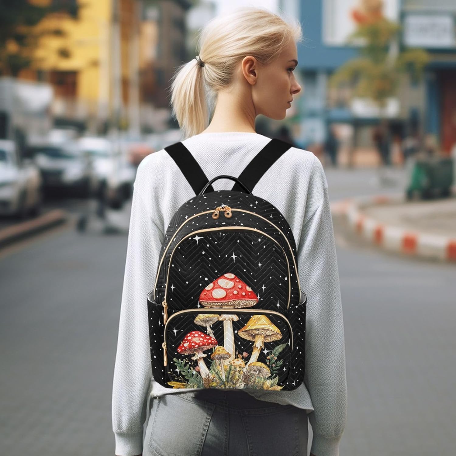Mushroom Quilted Backpack Purse for Women Fashion Small Backpack Shoulder Bag Travel Casual Daypack S - Image 7