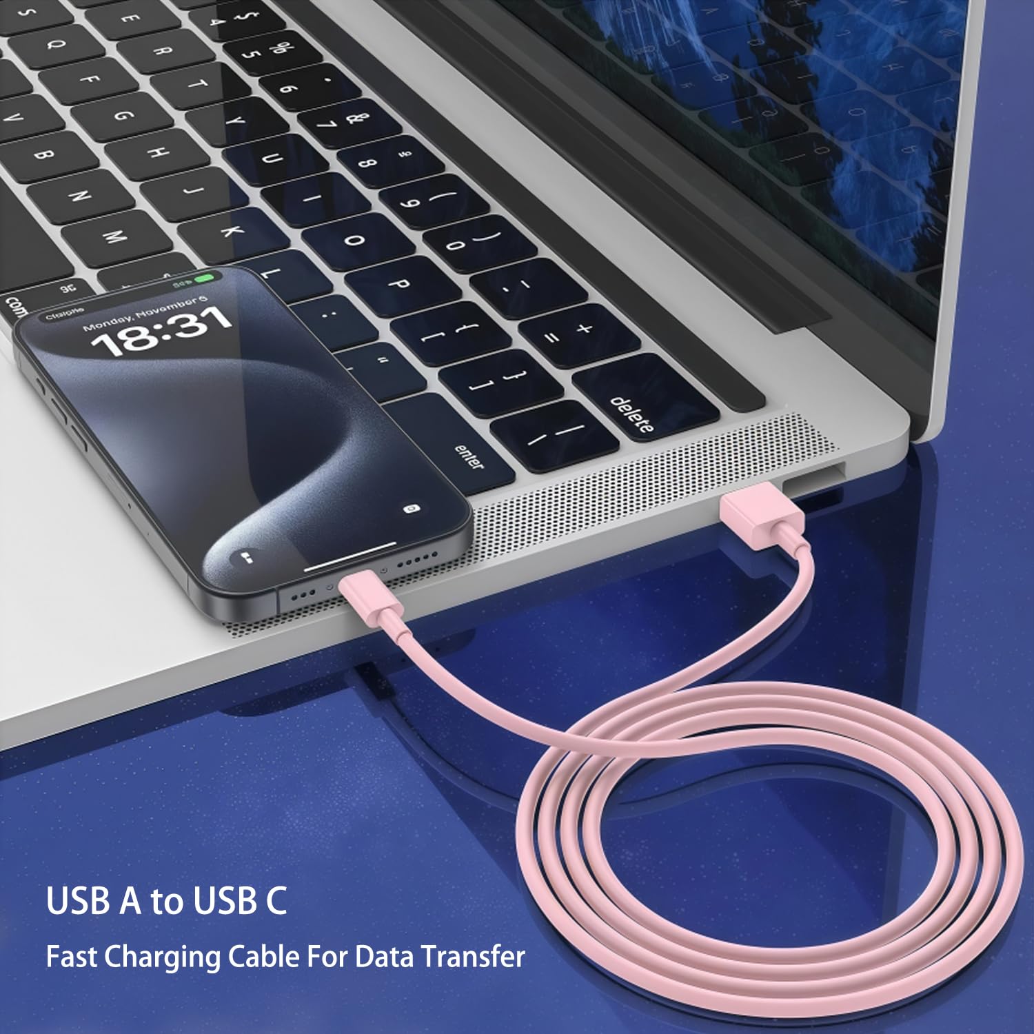 Cavo da USB A a USB C rosa carino accessori auto iPhone 16 Pro cavo di ricarica veloce tipo C per iPhone 15 Pro Max/16 Plus/16e, iPad Air 13/11, Samsung Galaxy Z Flip 6/5/4/Z Fold SE/A16/A15/A14 (0,9