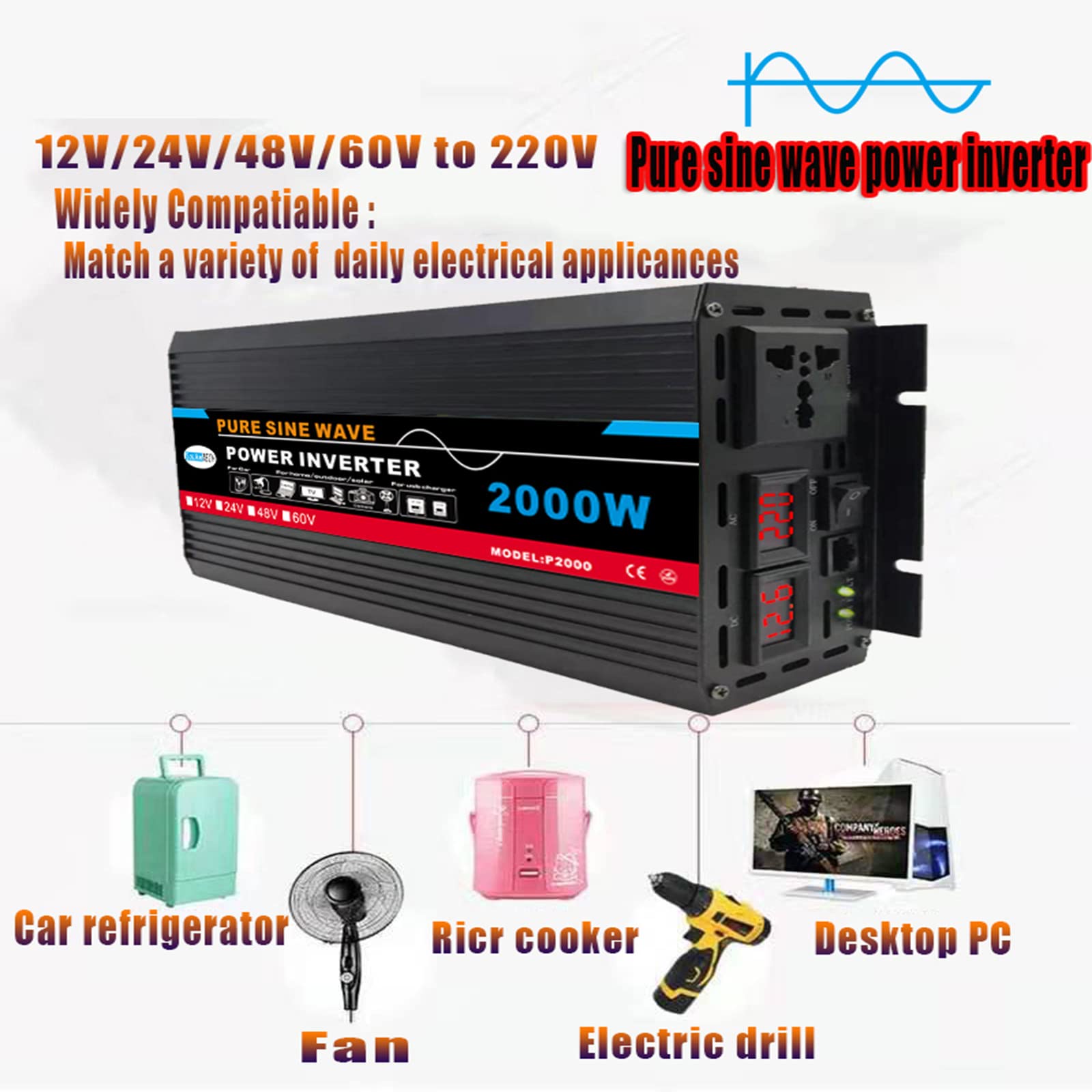 Inversor de Onda sinusoidal de 2000W DC12V/24V/48V/60V a Ac220 Home/Outdoor/RV/Camping Wave Inverter con Pantalla LCD
