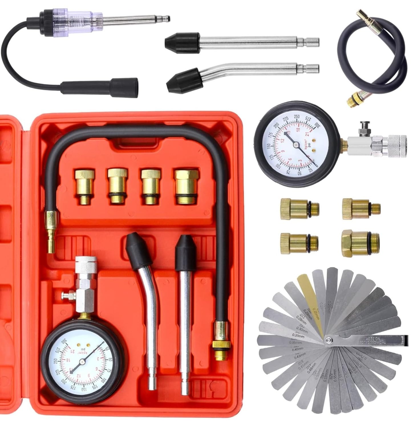 10Pcs Compression Tester Adapter Kit with Spark Plug Tester & 32 Blades Feeler Gauge, Cylinder Pressure Gauges Fuel Injection Tester with Extension Tube for Automotive Armature Diagnostic