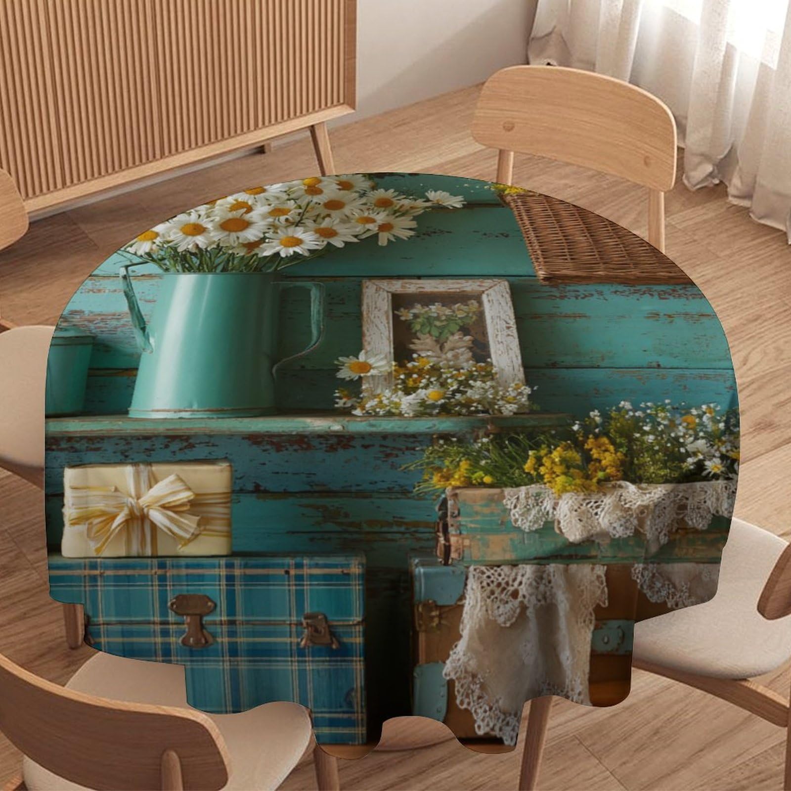 LUYYSKY Classic Realistic Daisy Floral Round Tablecloth Vintage Abstract Country Farm Farmhouse Daisies Flowers Washable Decor for Table Cover for Kitchen-127 Wx127 L cm