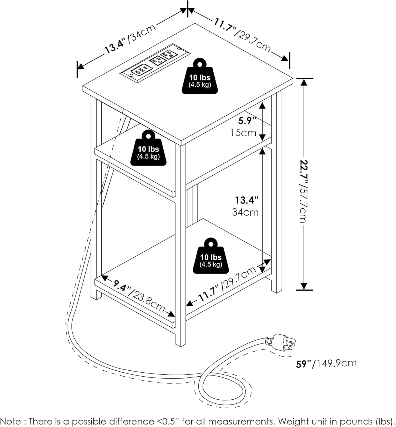 Furinno Moretti Side Table, 3-Tier Modern End Table with Charging Station, Metal Frame Night Stand, Bedside Table with USB and Type-C Charging Port, for Living Room, Bedroom, Americano