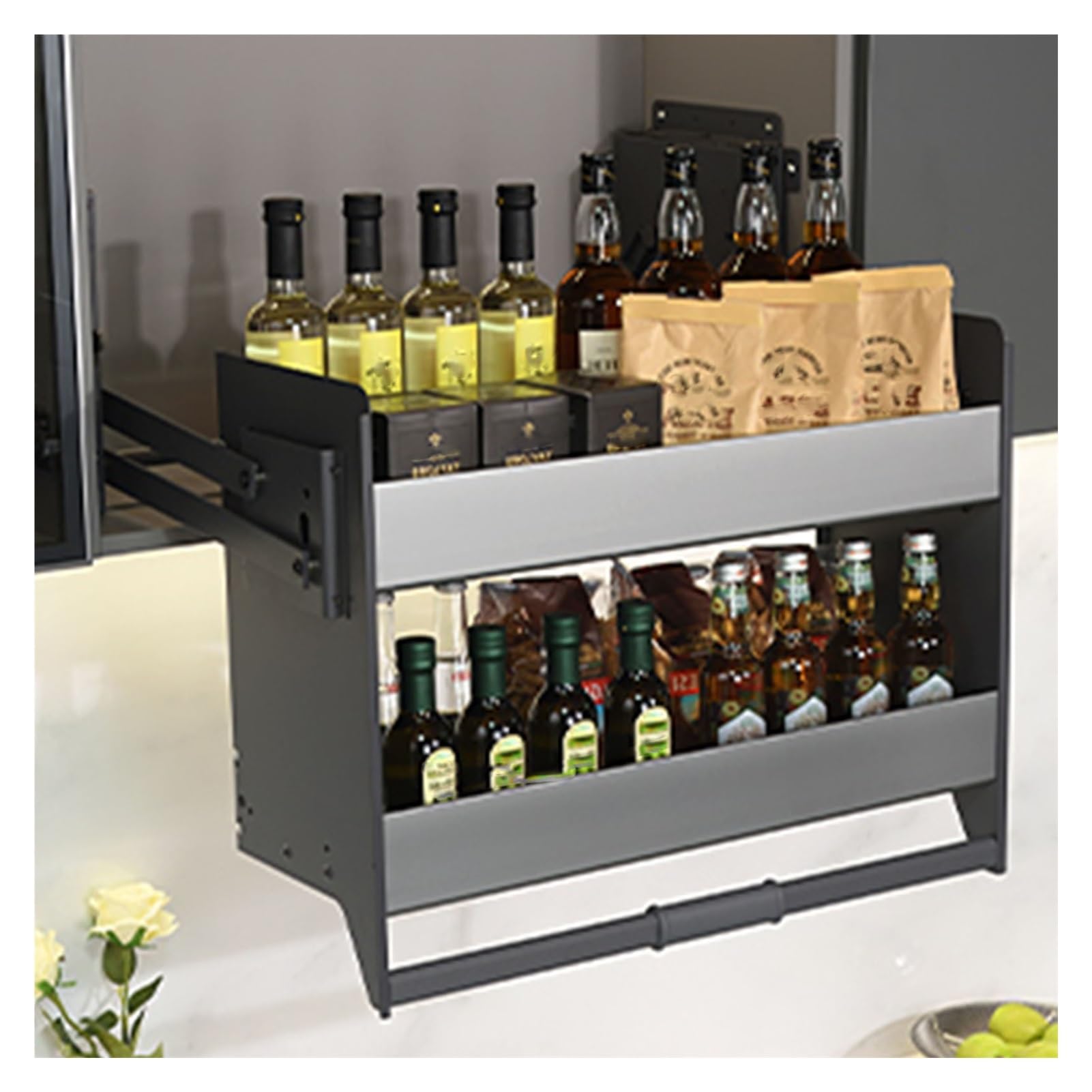 XLTFUC Pull-Down Cabinet Organizer, 2-Tier Kitchen Cabinet Pull-Down Shelves Space Saving Shelves for Kitchen Appliance Lift Upper Cabinets(463x272x546mm)