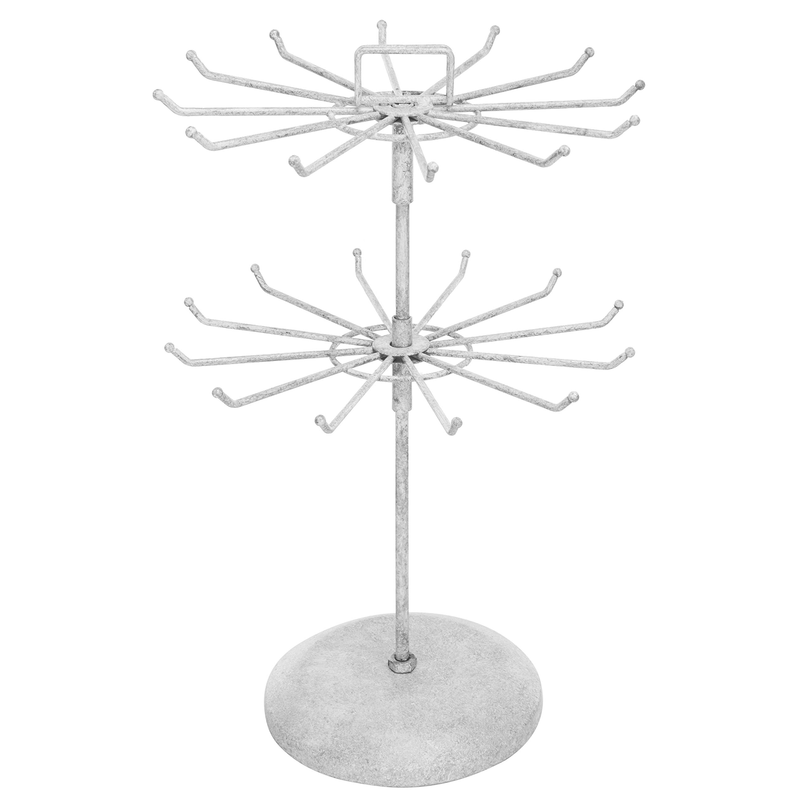 MyGift Rotating 2 Tier Jewelry Organizer, Vintage White Metal Spinning Jewelry Display Stand Necklace and Bracelet Holder with 24 Hooks and Top Handle Card Holder