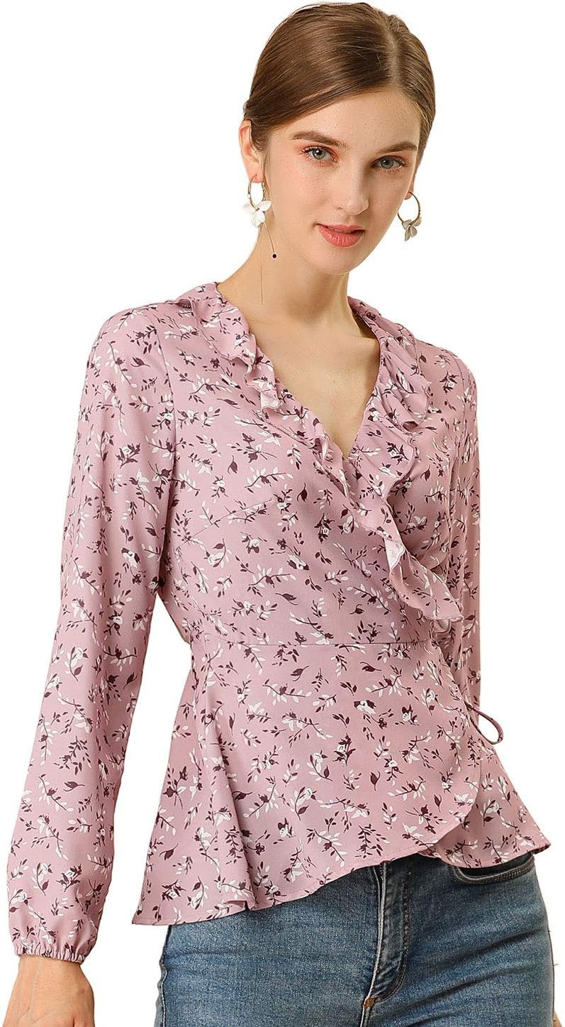 Allegra K Women's Floral V Neck Wrap Top Long Sleeve Tie Waist Ruffle Peplum Blouse