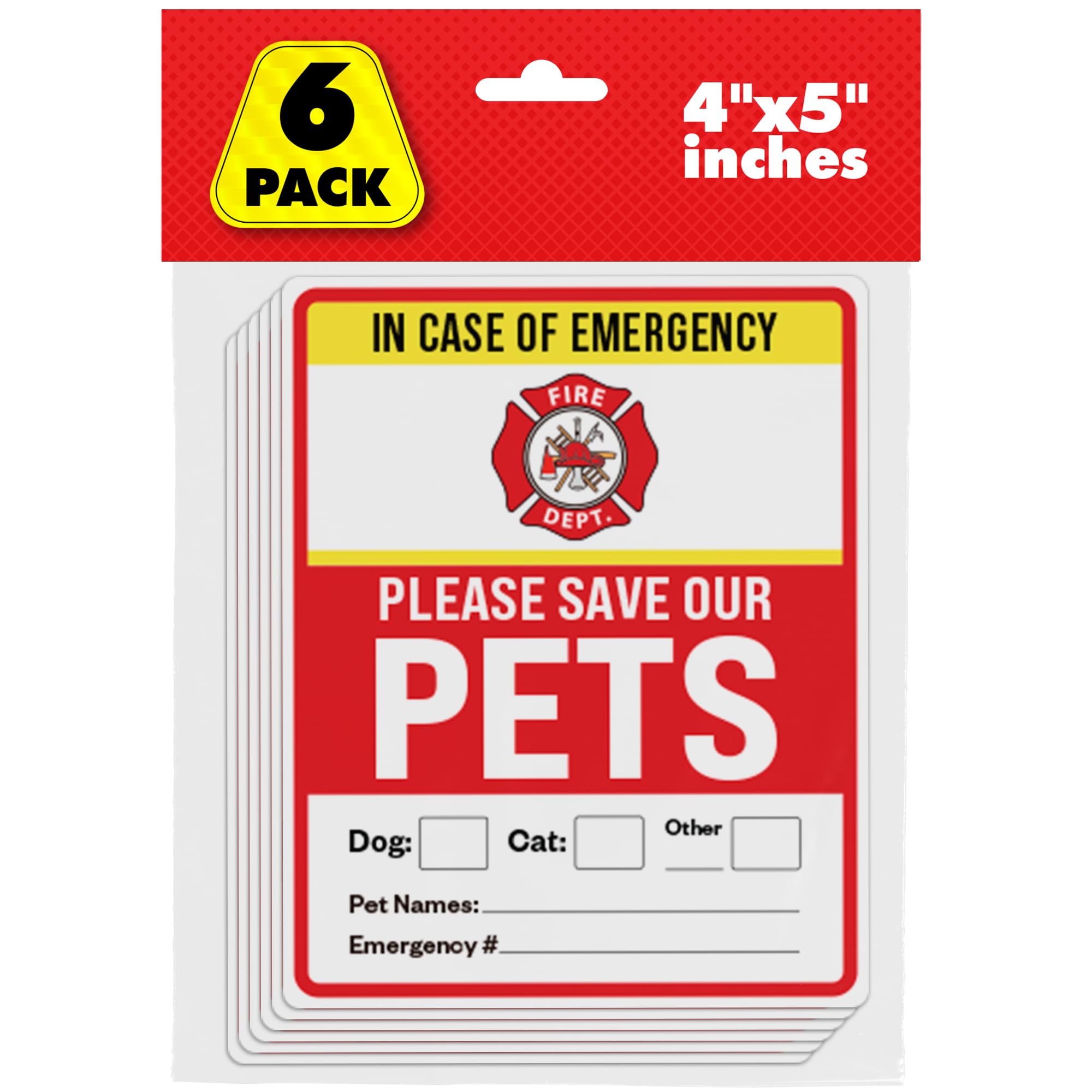 Pet Alert Safety Fire Rescue Sticker, 4" x 5" 6pk - Emergency Pet Inside Decal - in Case of Danger Home Window Door Sign