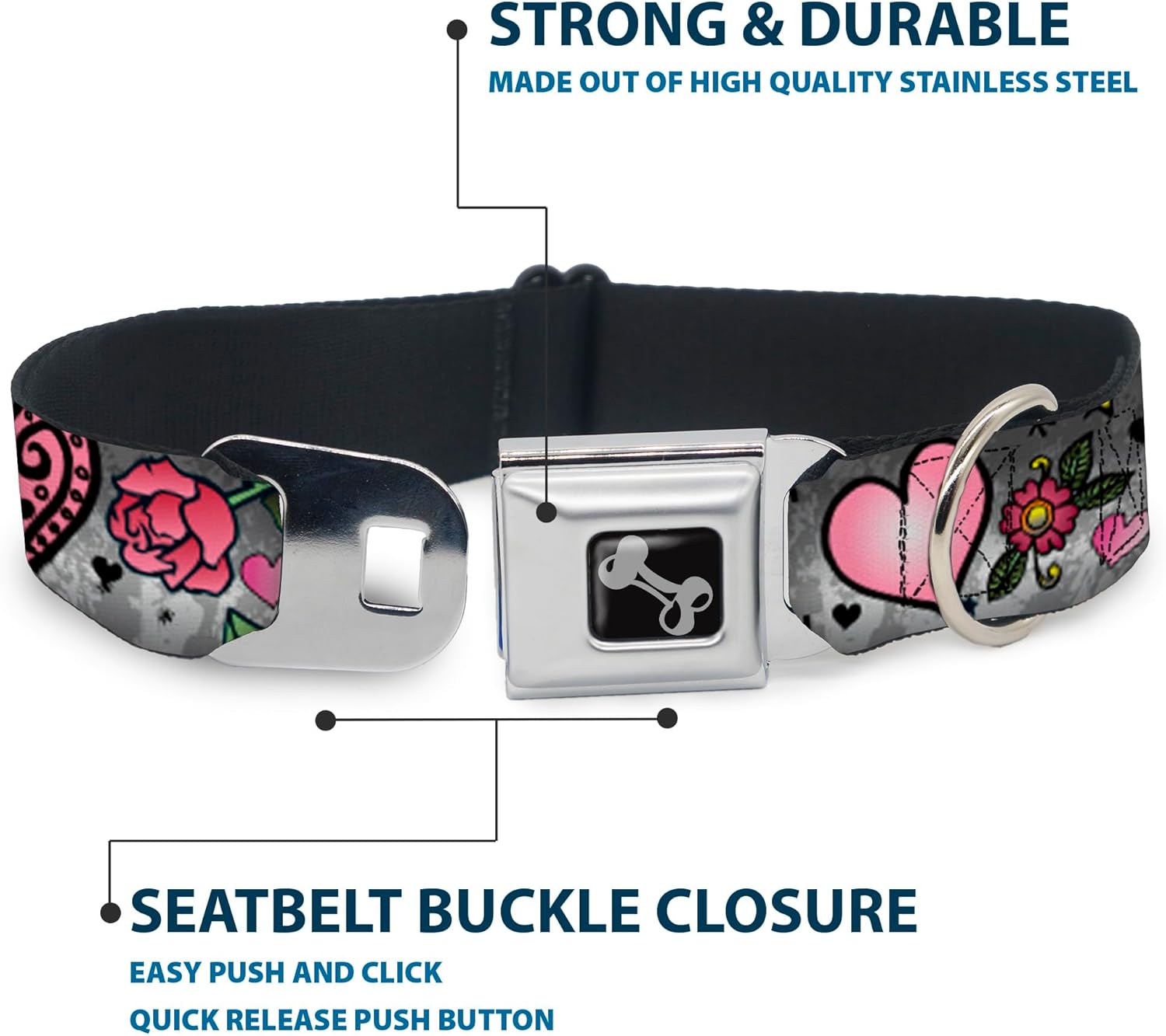 Buckle-Down Dog Collar Seatbelt Buckle Love Love Gray 15 to 26 Inches 1.0 Inch Wide