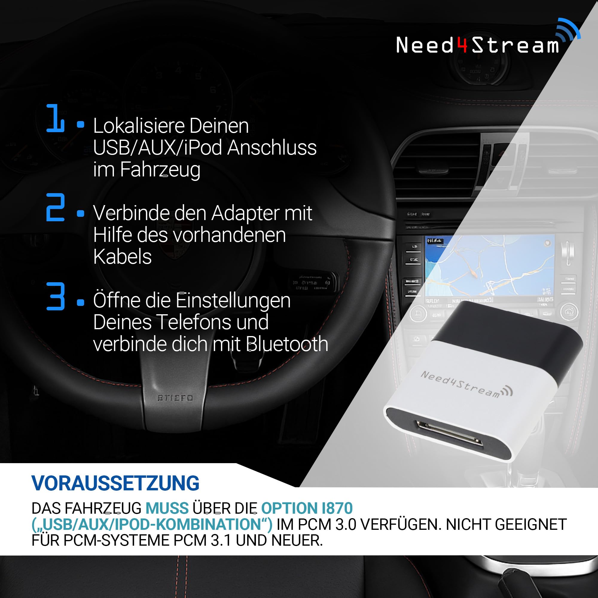 Adaptador Bluetooth con lista de pistas, compatible con Porsche PCM3.0, compatible con iPhone y Android, Plug & Play