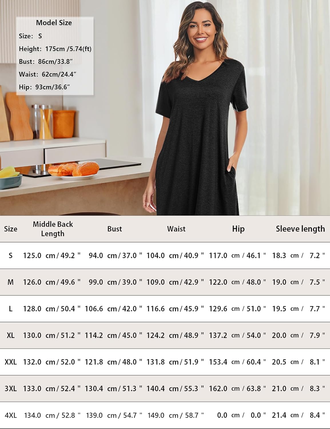 Marvmys Women Short Sleeve Nightgown Cotton Long Nightshirts with Pocket - Image 6