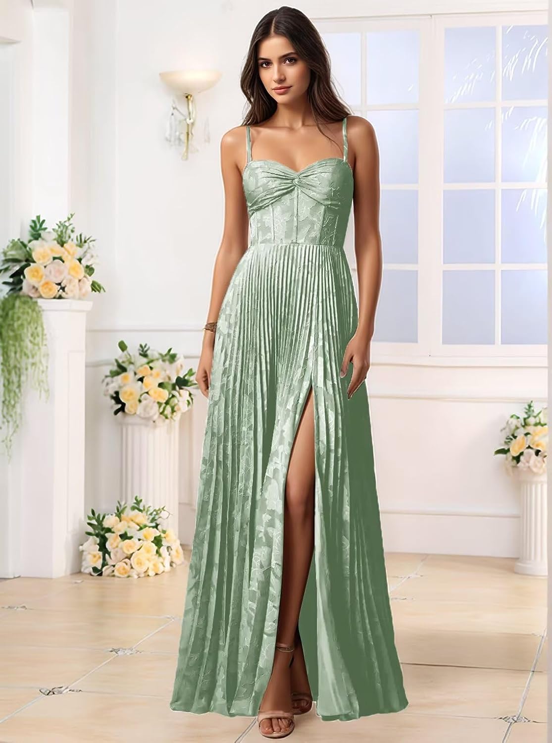 Lace Jacquard Bridesmaid Dresses for Wedding Women's Spaghetti Straps Pleated Formal Dress