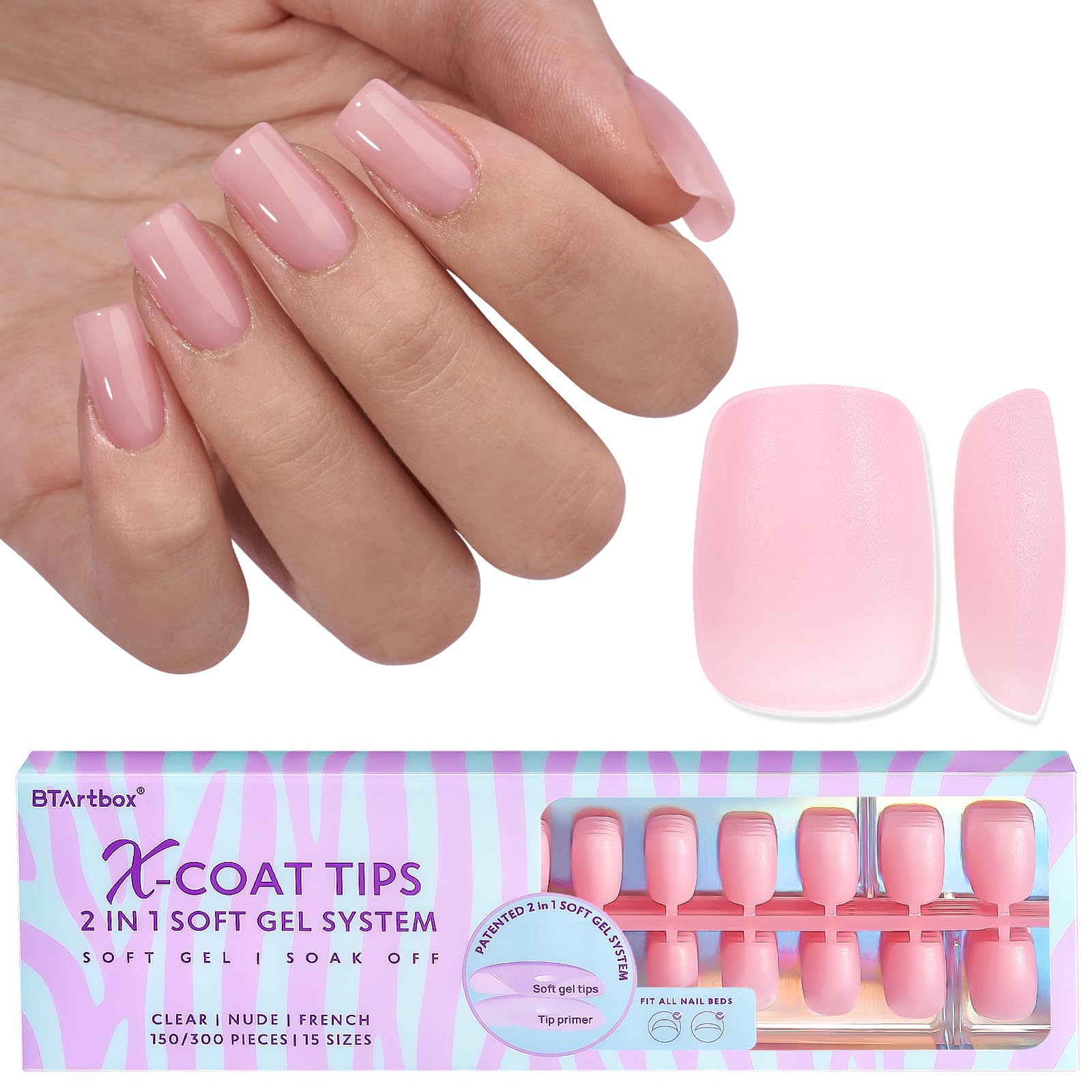 BTArtbox XCOATTIPS Natural Nail Tips - Extra Short Square Press On Nails Pink, Long Lasting Soft Gel Nails False Nail, Soak Off Acrylic Fake Nails Extensions for Nail Art DIY Women
