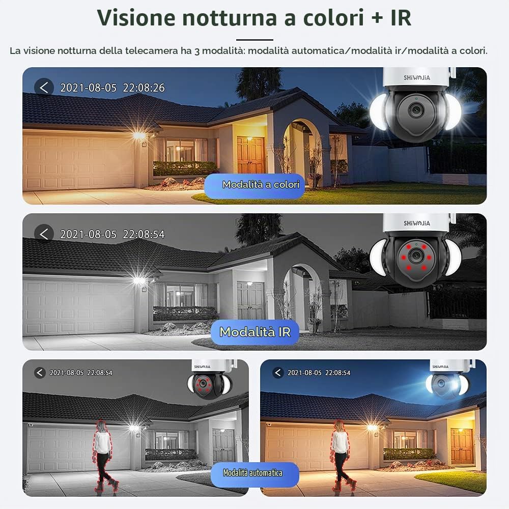 SHIWOJIA Telecamera Wi-Fi Esterno, Floodlight Cam 2.5K 5MP Videocamera di Sorveglianza, Audio Bidirezionale, Visione Notturna, Compatibile con Alexa