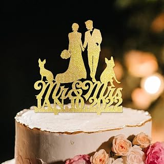 Bride And Groom Silhouette Rustic Wedding Cake Topper With Pug Dog And Afghan Hound Engagement Cake Toppers Decorations Mr & Mrs Wedding Cake Toppers Gold Acrylic Custom Cake Topper