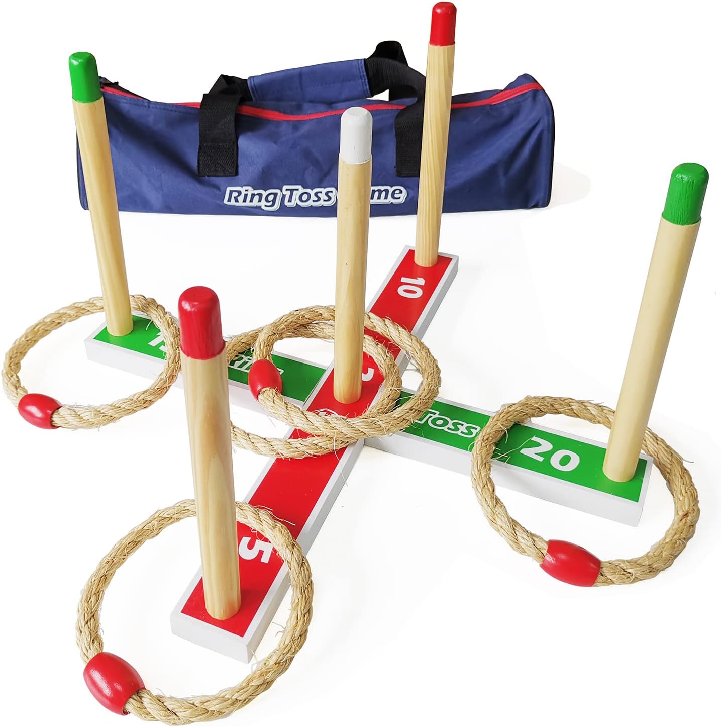 wooden Ring Toss Games - Quoits Games set 5pcs rope rings with Carry Bag