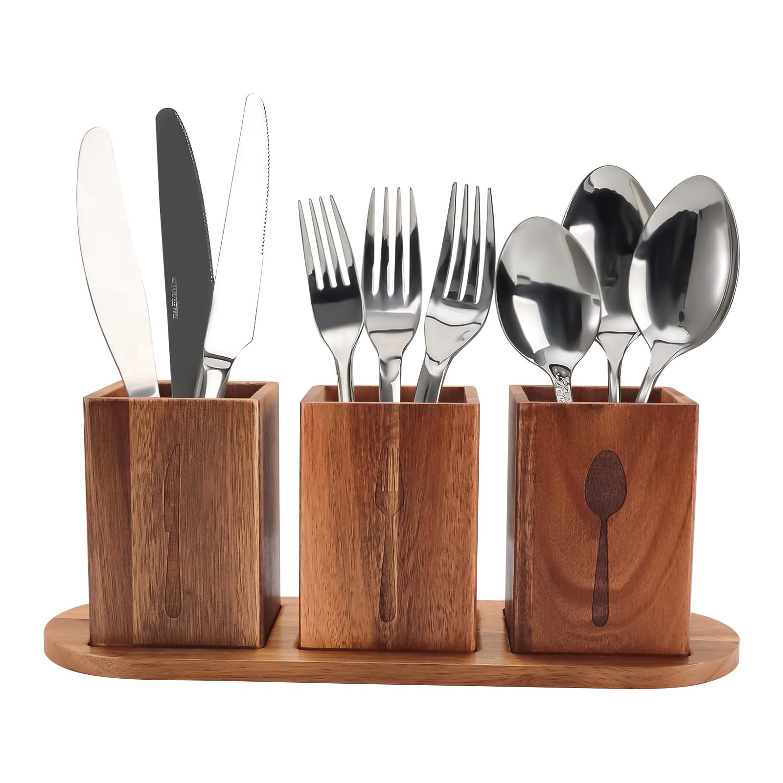 Portaposate Scolaposate in Legno, 3 Scomparti, Portaposate per Tavolo con Foro di Scarico Inferiore, Vintage per Riporre Bacchette, Coltelli, Forchette (Marrone)