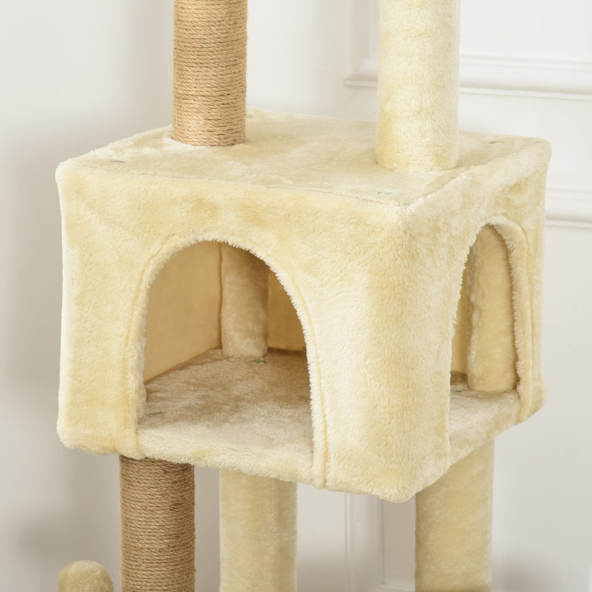 PawHut Árbol Rascador para Gatos Grande 60x34x136 cm con Cuevas Beige | Árbol para Gatos, Plataformas, Felpa Desmontable, Postes de Yute, Bola Colgante