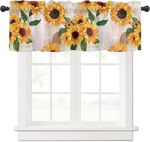 Cenefas de girasol para ventana, cenefa de cortinas de flores retro para cocina, bolsillo para barra de 3 pulgadas, con recorte de periódico