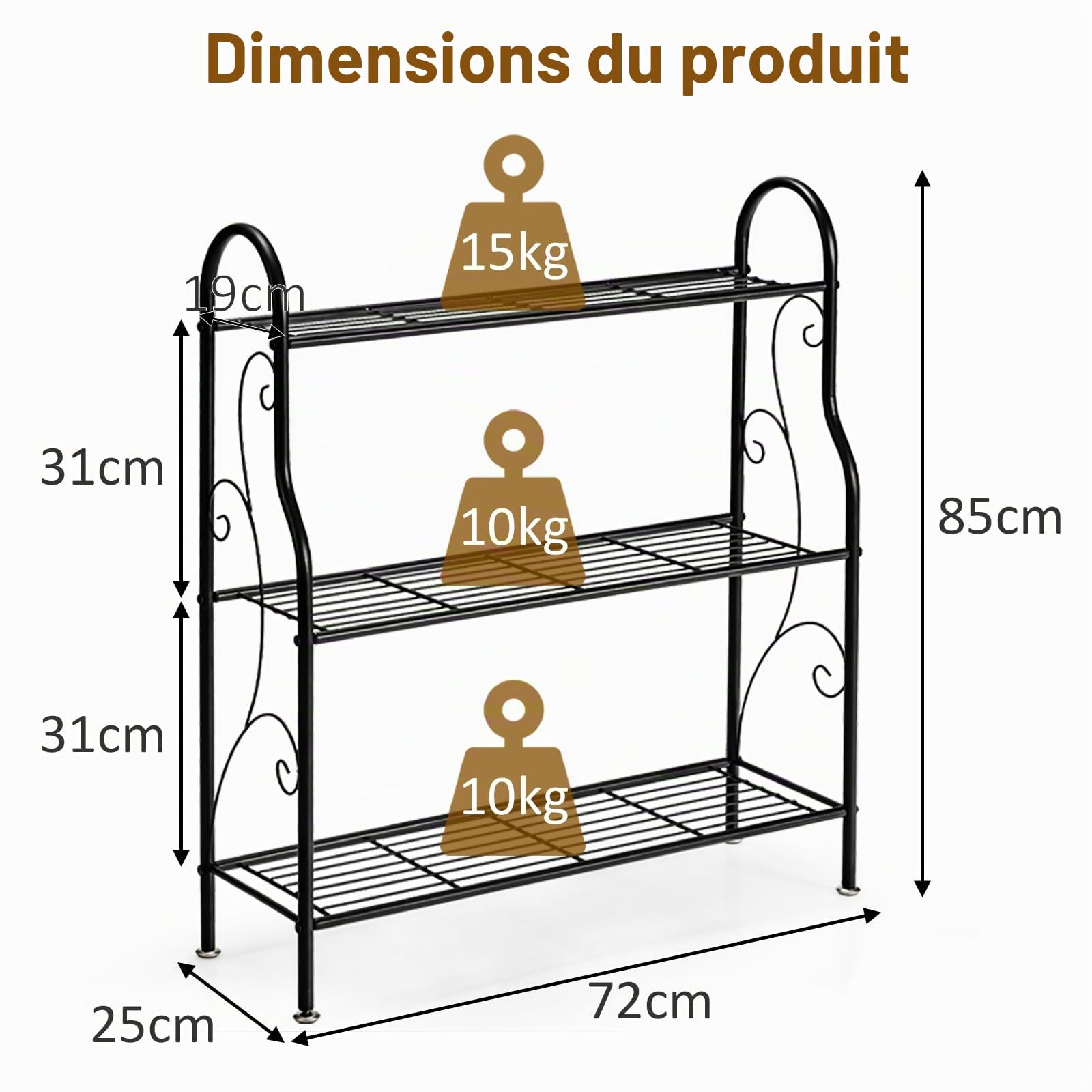 GOPLUS 3 Niveaux Support pour Plantes en Métal, Étagères Ouvertes et Pieds Réglables, Étagère en Fer Imperméable pour Utilisation Intérieure et Extérieure, Noir