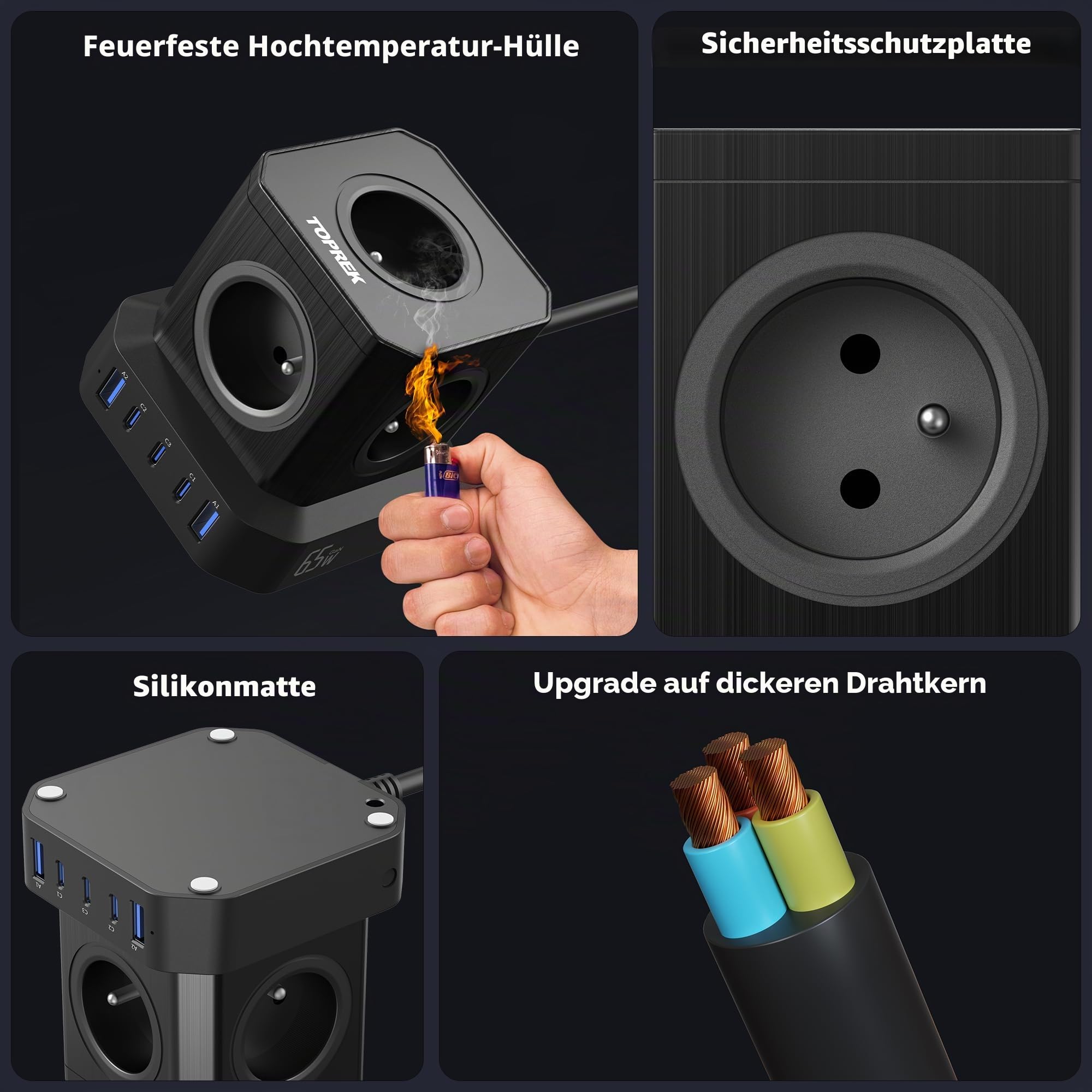 65W PD3.0 USB-C Mehrfachsteckdose, TOPREK 5 Wege Verlängerungskabel (16A/4000W) mit Mehrfachsteckdose und Kindersicherung, 2m, Verlängerungskabel für Zuhause, Wohnheim, Büro, Reisen