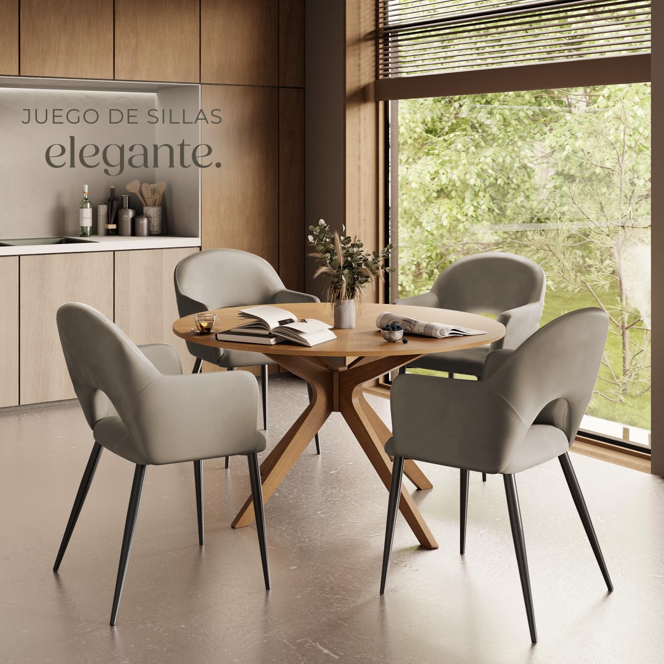tectake® sillas de Comedor Elegantes, Terciopelo, Silla Comedor nordica, Silla de Cocina Acolchada con reposabrazos, sillas Comedor Modernas con Patas de Acero Antideslizantes - 4 Sillas Gris Topo