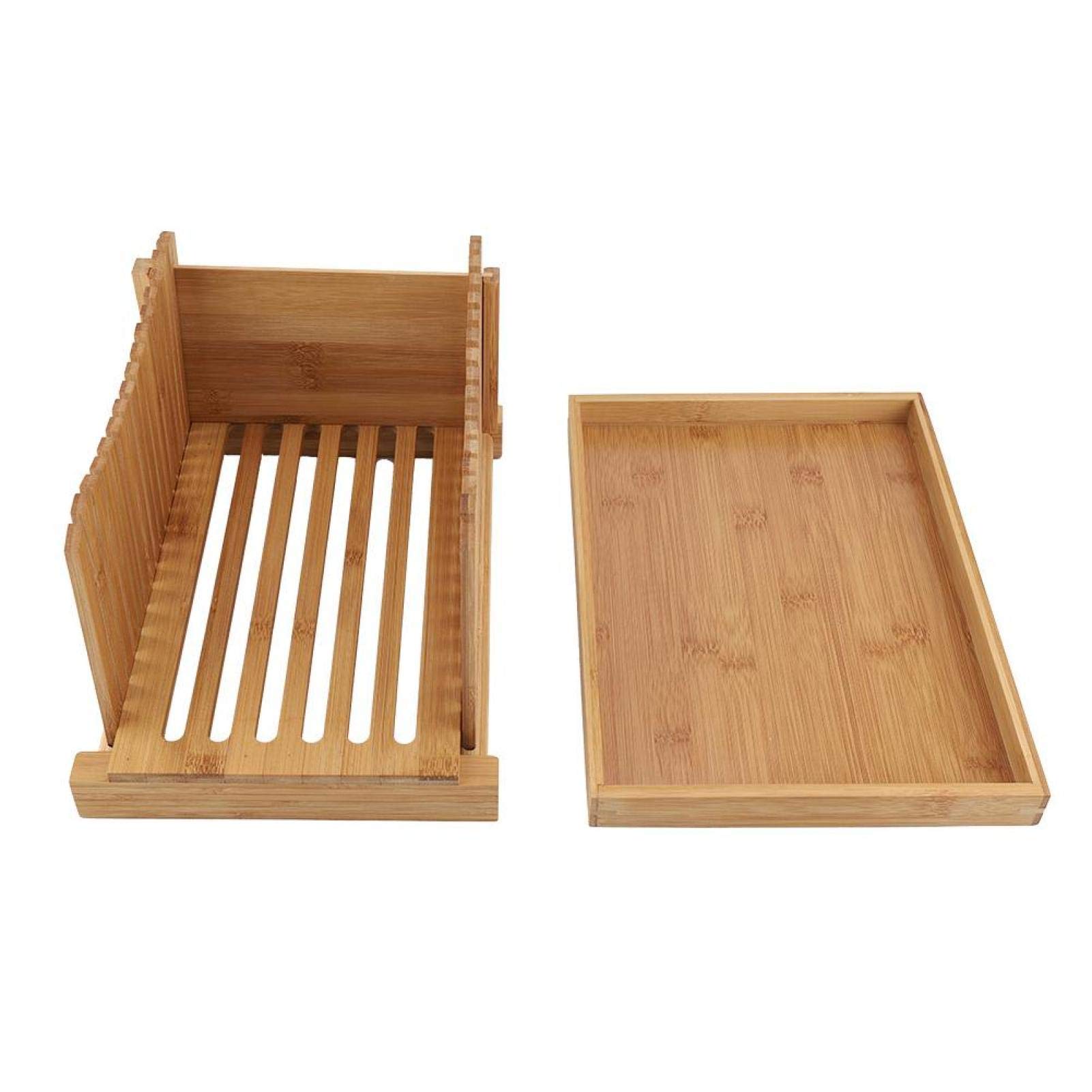 Cortador de pan de bambú con recogedor de migas, guía de corte plegable y compacta para tostadas, pasteles, bagels, sándwich, ideal para entusiastas de la cocina y la repostería