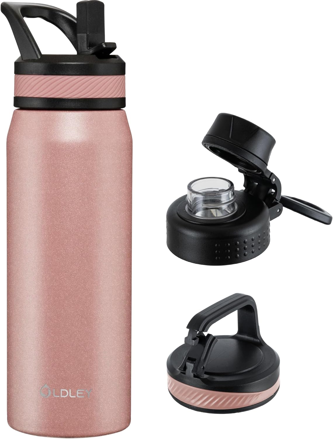 OLDLEY 24 oz Insulated Water Bottle With Straw, Stainless Steel Sports Water Cup Flask with 3 Lids(Straw, Spout and Handle Lid) Double Walled Travel Thermal Canteen Mug,Rose Gold