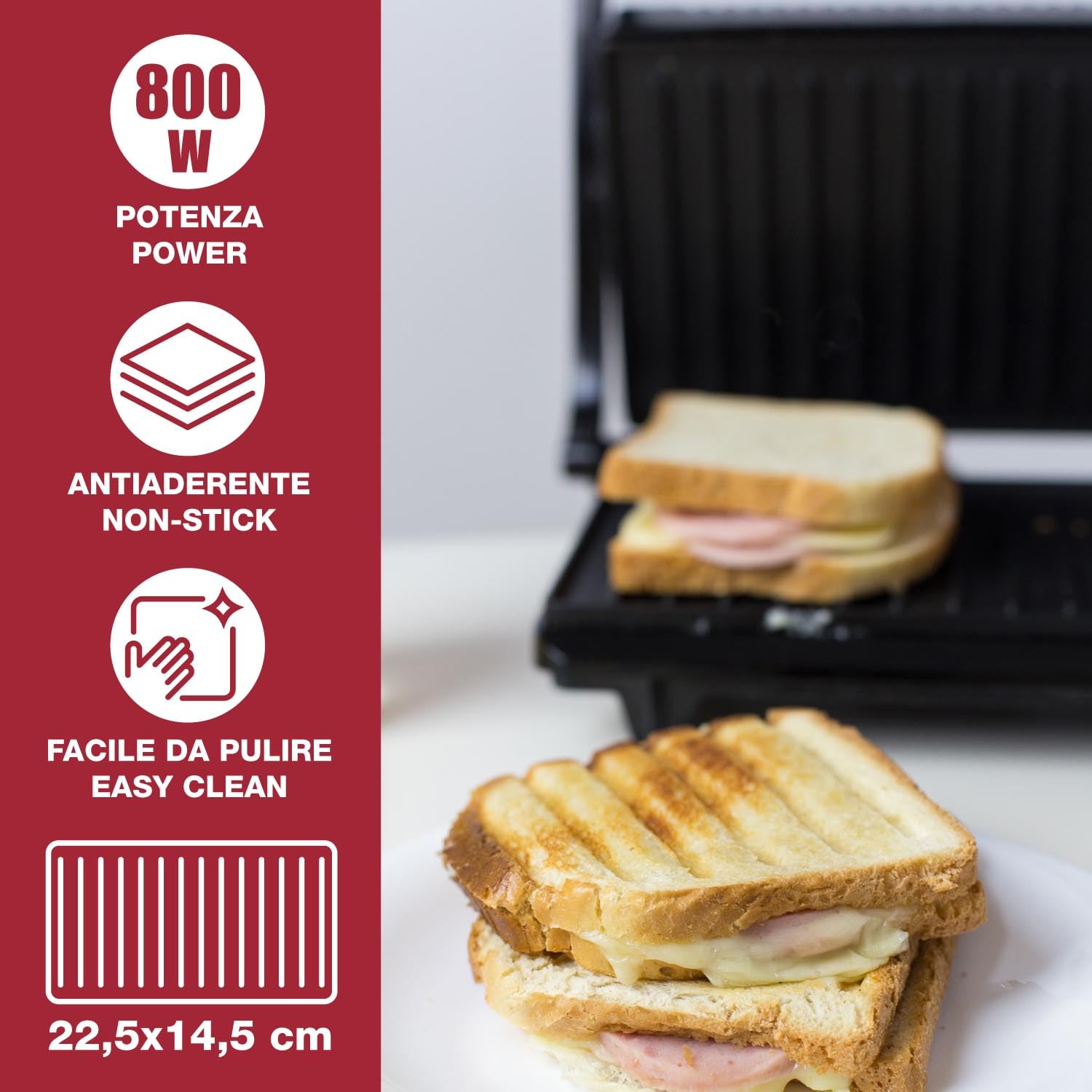 BEPER P101TOS003 Parrilla Eléctrica Compacta, Placa Antiadherente, Tostadora, Sándwiches, Carne, Verduras - Placas Autoajustables, Mango Termoaislante y Recogedor de Cable Integrado