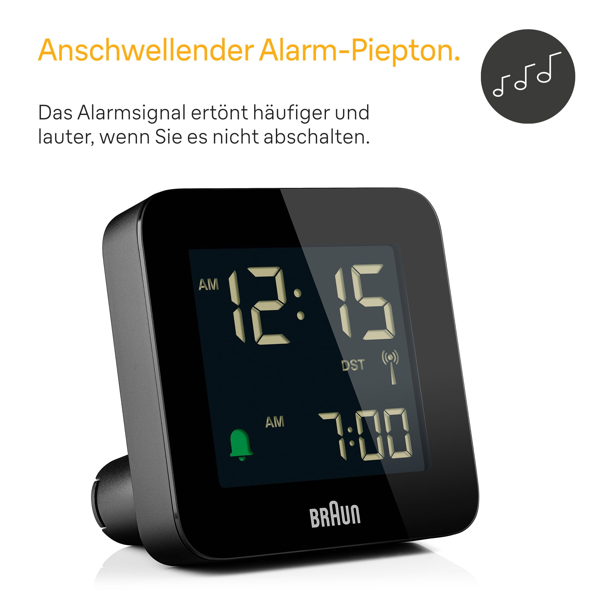 Braun Digitaler Funkwecker Mitteleuropäische Zeitzone (MEZ) mit Schlummerfunktion, Negatives LC-Display, Schnelleinstellfunktion, Crescendo-Alarm in Schwarz, Modell BC09B-DCF.