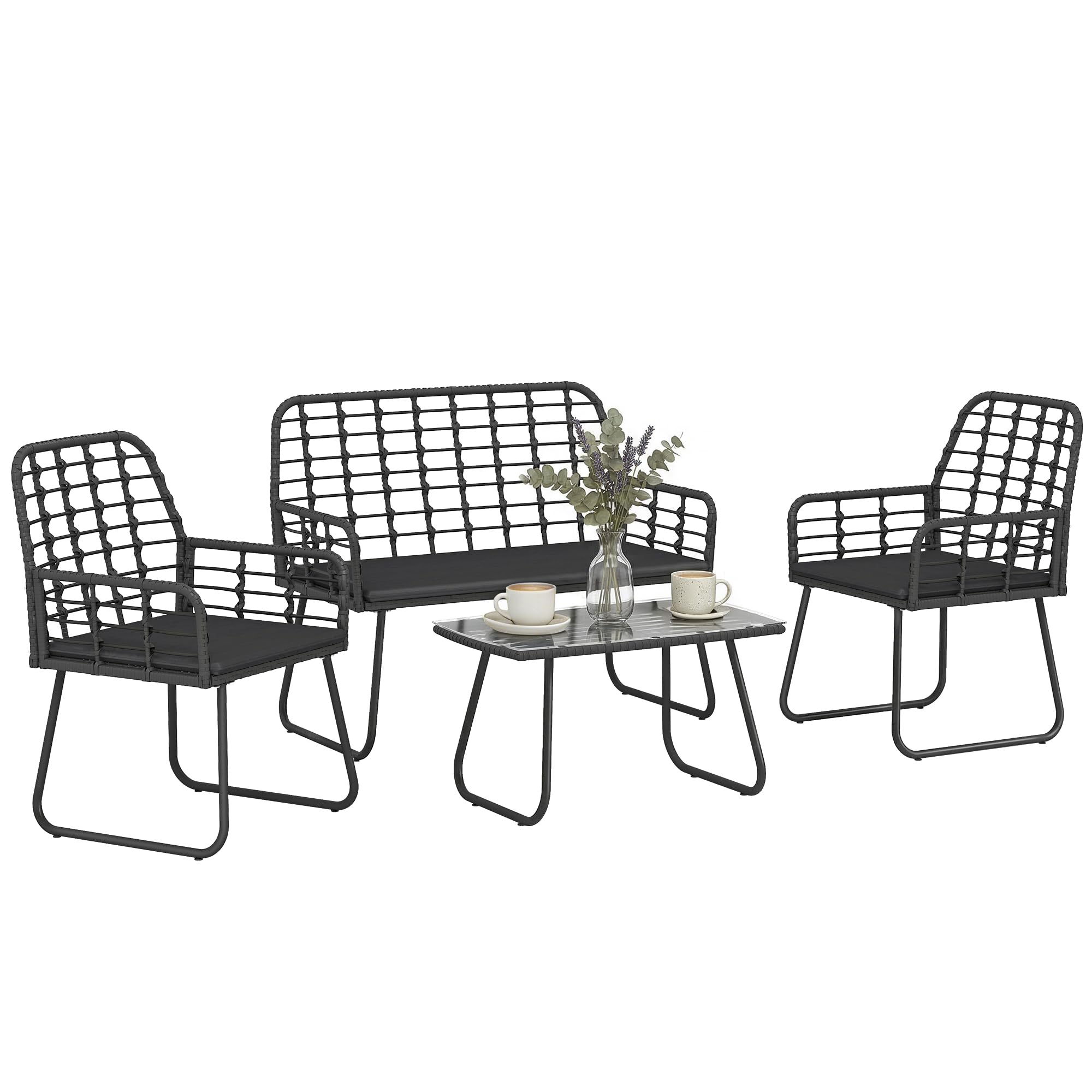 Outsunny 4 Piece Rattan Garden Furniture Set, Outdoor Patio Furniture with Loveseat, Armchairs and Coffee Table, Indoor Balcony Conservatory Set with Cushions for Garden, Black
