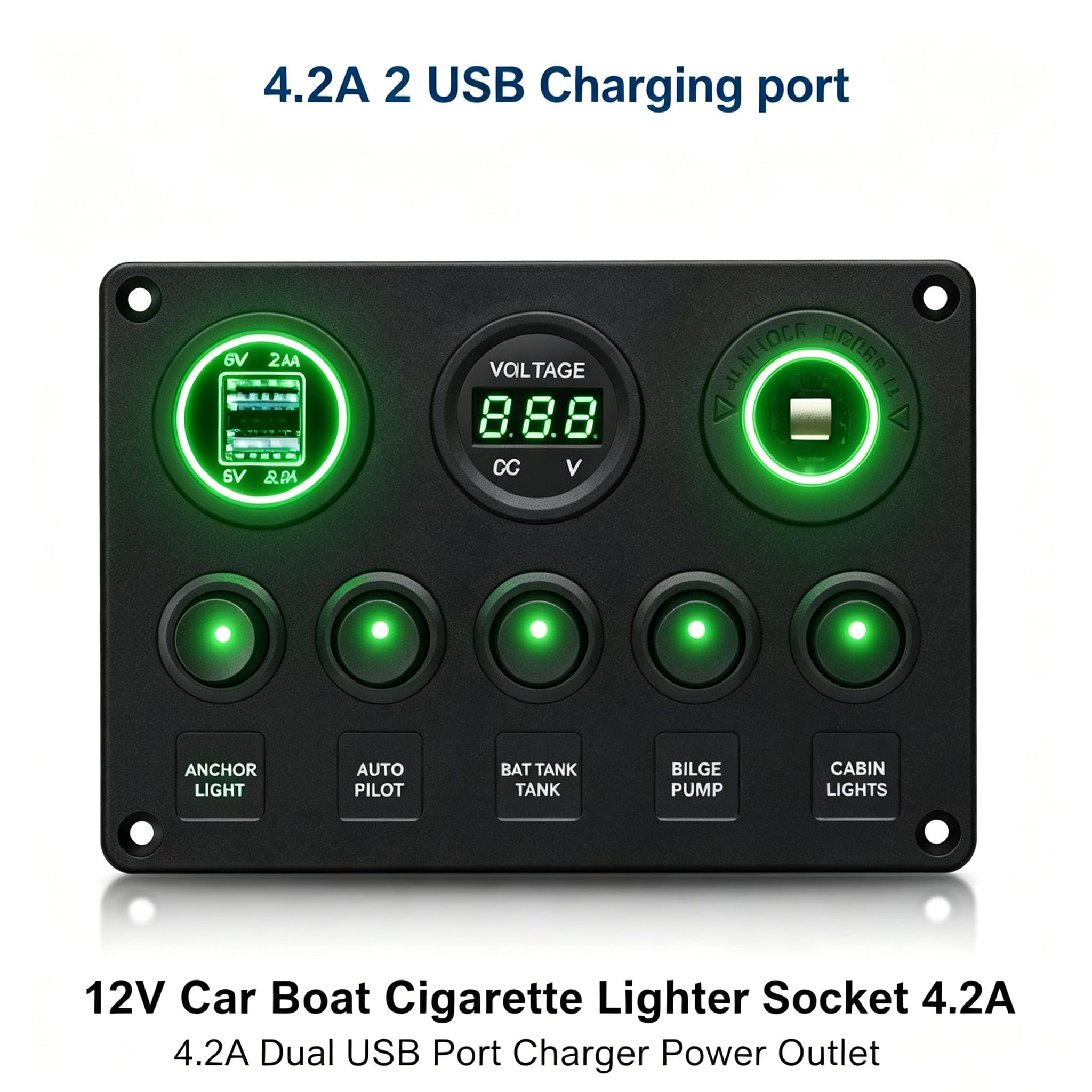 Riloer Wielofunkcyjny panel przełącznika gniazdo USB ładowarka cyfrowy woltomierz wodoodporny kompatybilny z samochodami TV/ATV ciężarówki przyczepy kempingowe autobusy zielone światło