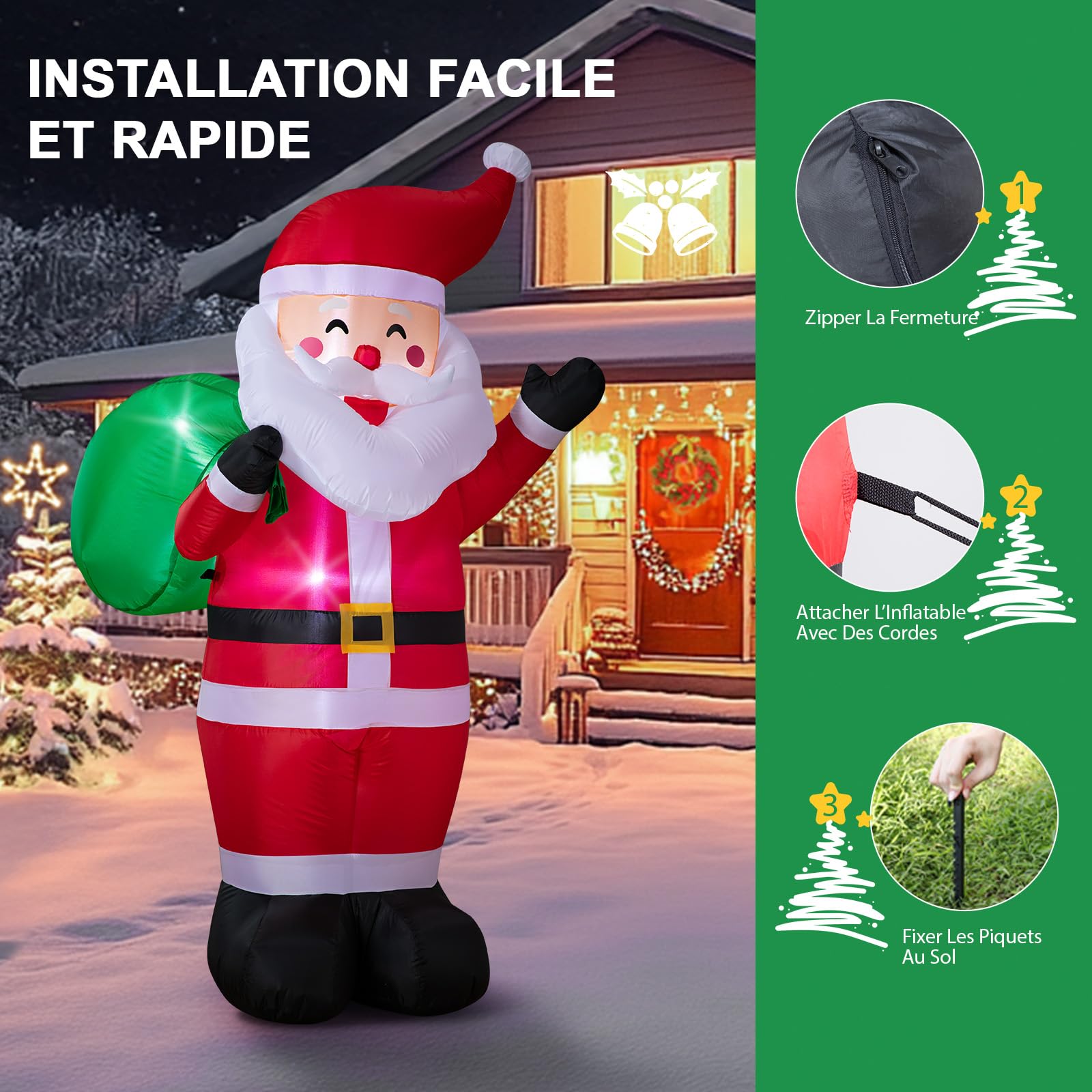 183CM/6FT Père Noël Gonflable avec Lumières LED, Décoration de Jardin, Utilisation Intérieure et Extérieure, Décoration de Noël