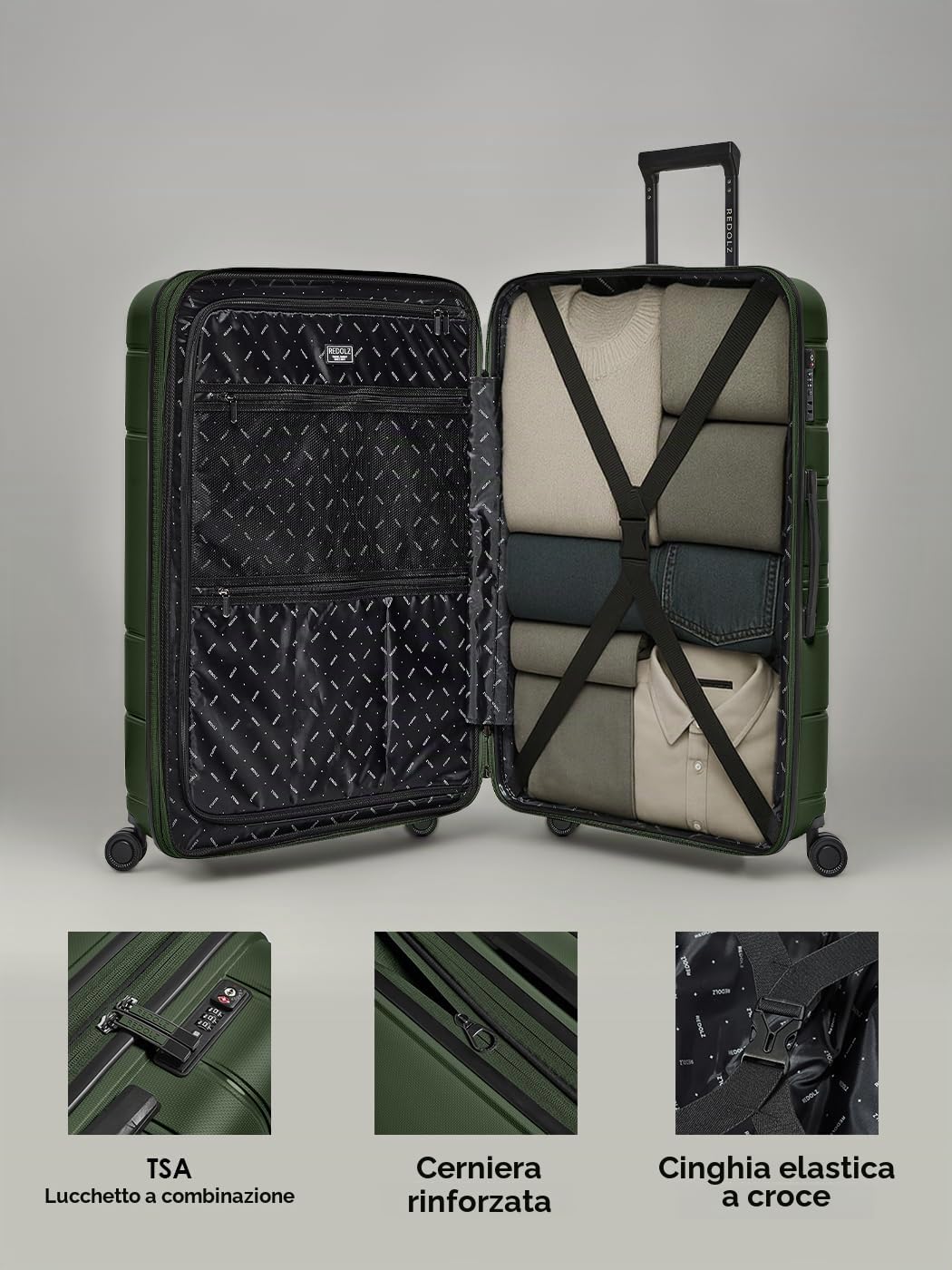 REDOLZ valigia grande 76 cm rigida espandibile TSA 4 ruote bagaglio da stiva Essentials 11+