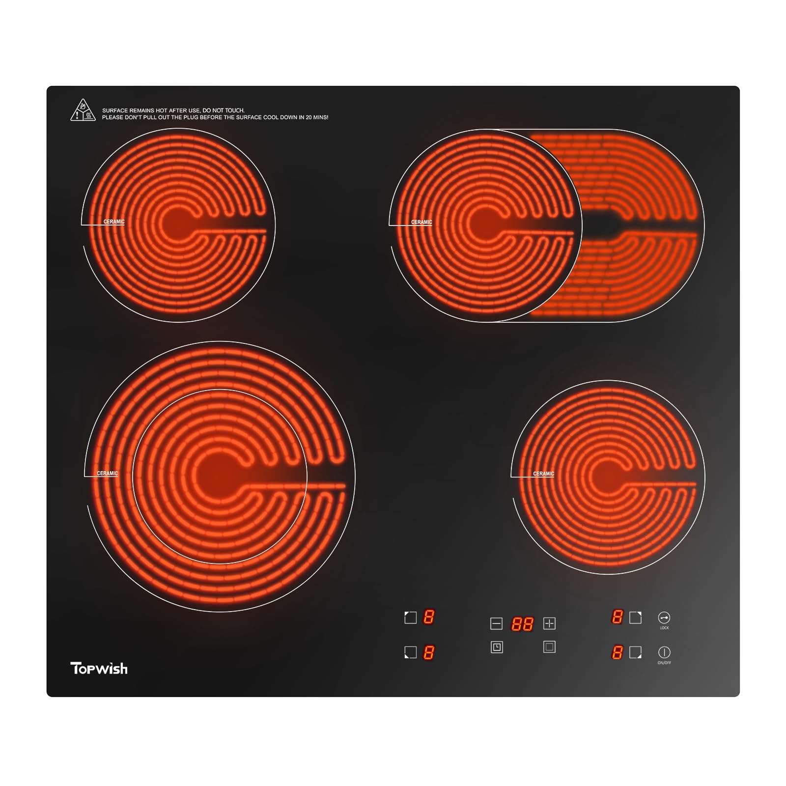 Topwish piano cottura vetroceramica, 4 fuochi piano cottura, piastra vetroceramica 4 fuochi, doppia zona, ovale zona, con chiusura a prova di bambino, indicatore di calore residuo, timer, 59 cm