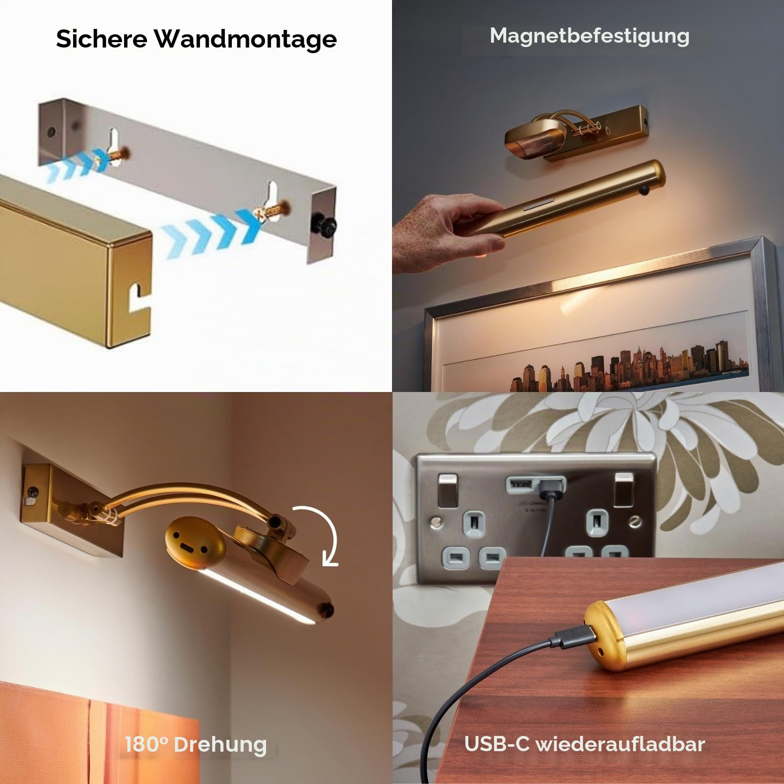 Auraglow Wiederaufladbare Smart Sensor Bilderleuchte - Wandleuchte, PIR-Bewegungssensor, 3000K Warmweiß - Dimmbar - Batteriebetrieben - Magnetisch (Schwarz, 1 Pack)