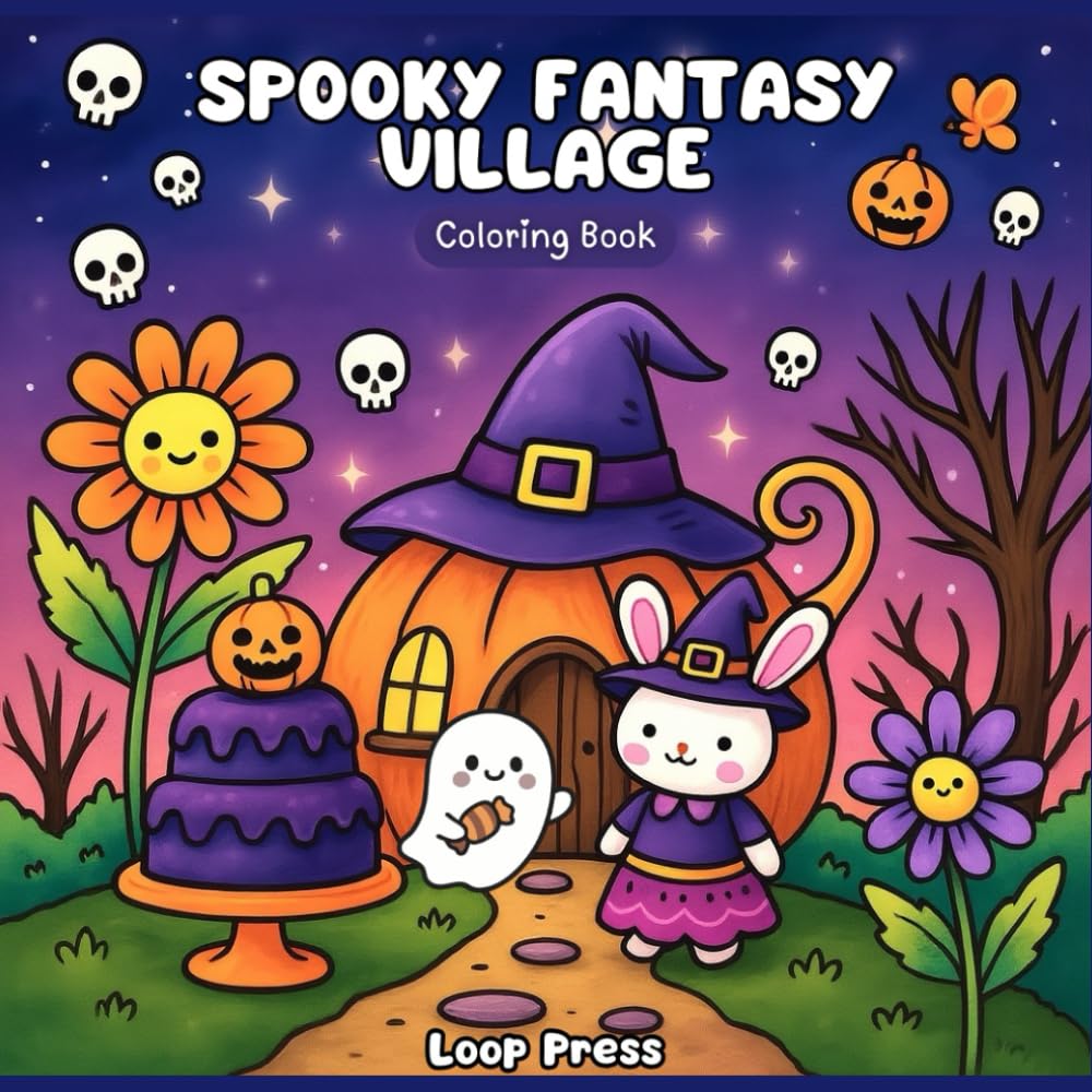 Spooky Fantasy Village Coloring Book: for Adults and Teens Featuring Adorable Creepy and Cute Animal Characters for Stress Relief