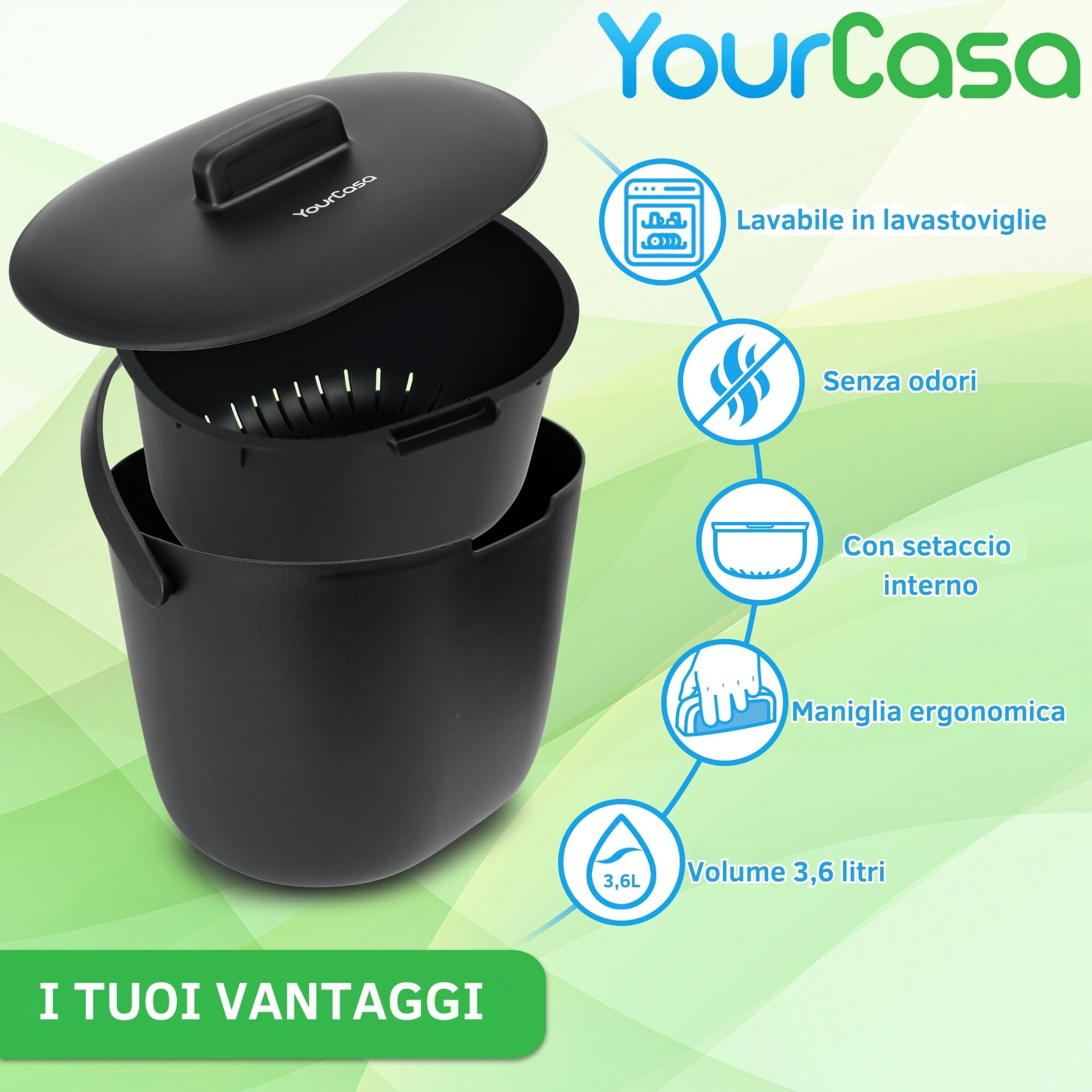 YourCasa Biomülleimer Cucina 3,6L - Compostiera per Rifiuti Biologici Quotidiani, Contenitore Lavabile in Lavastoviglie - Ermetico con Filtro & Manico Ergonomico - Piccolo Bio Bidone per Compost
