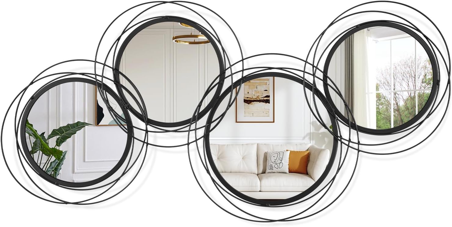 Round Decorative Wall Mirror, Black 4 Pcs Circle Modern Mirror Wall Art Ring Metal Mirrors Wall Mounted for Living Room Bedroom Entryway Dining Room Hallway 16x32 Inch