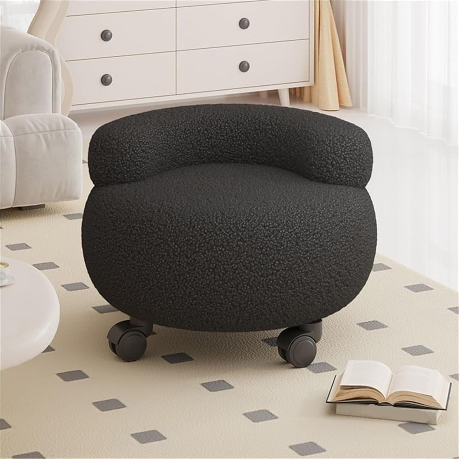 Ottoman with Wheels, Round Ottomans, Vanity Stool with Small Backrest, Modern Small Upholstered Foot Rest for Couch, Living Room and Bedroom(Black)
