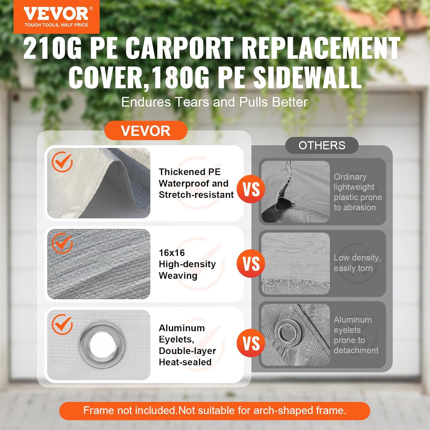 vevor carport replacement canopy cover top + side wall 10 x 20 ft, garage tent shelter tarp heavy-duty waterproof & uv protected, easy installation with ball bungees,grey (frame not included) top cover+ sidewall - gray 10x20ft