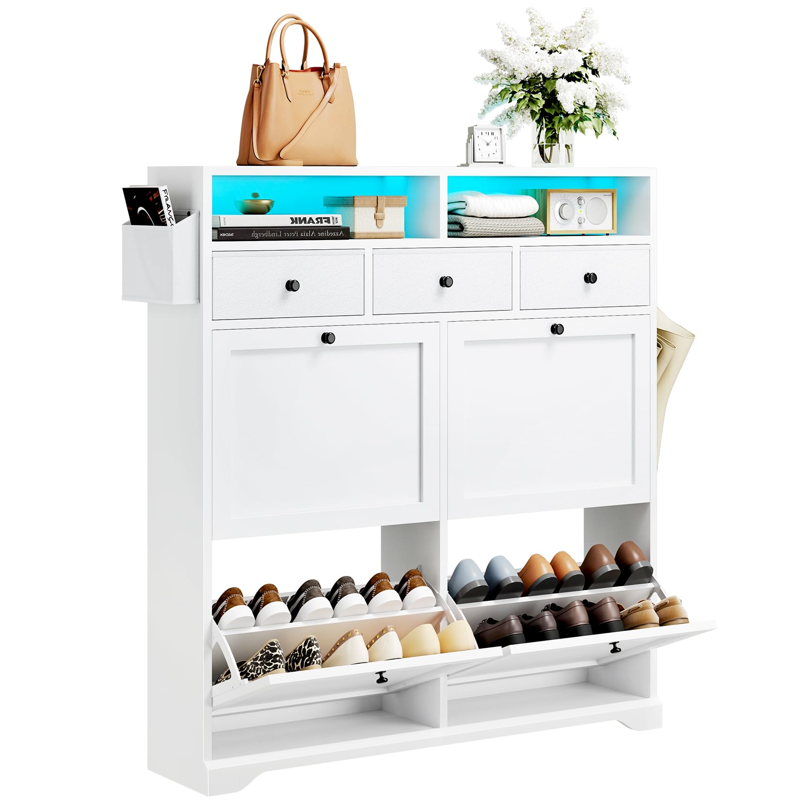 Dripex Schuhschrank schmal 4 Klappen und 3 Stoffschubladen, 96 x 24.5 x 111cm, Schuhkipper mit LED, Verstellbare Trennwände, 2 Kommode Schuhregal, 16-24 Paar Schuhe | Weiß