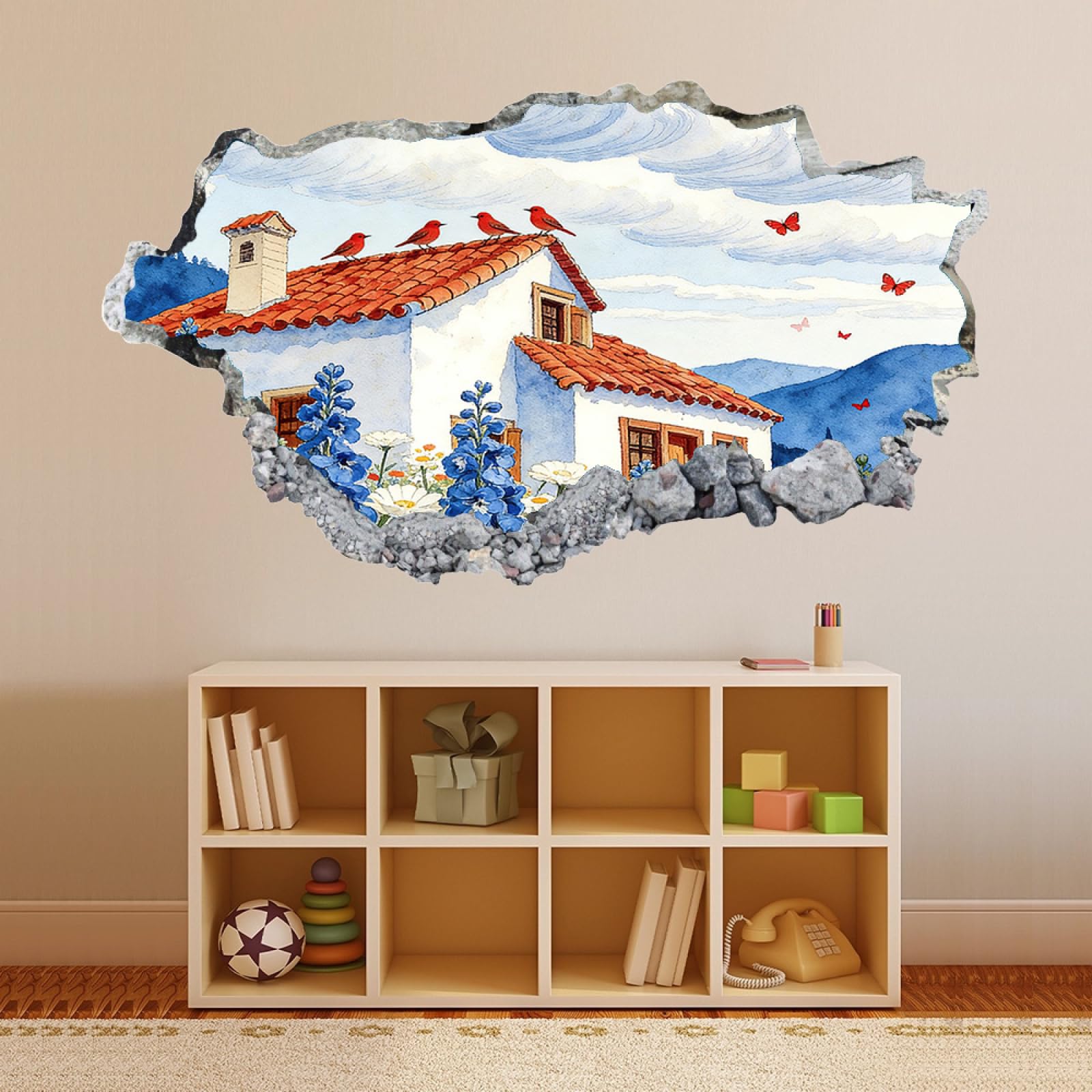 3D Wandaufkleber Hausschmetterlingsvogel Durchbruch Wandtattoos Deko Wand, Wand Aufkleber Wanddurchbruch Wandsticker für Zuhause, Badezimmer, Schlafzimmer, Wohnzimmer 70x122cm